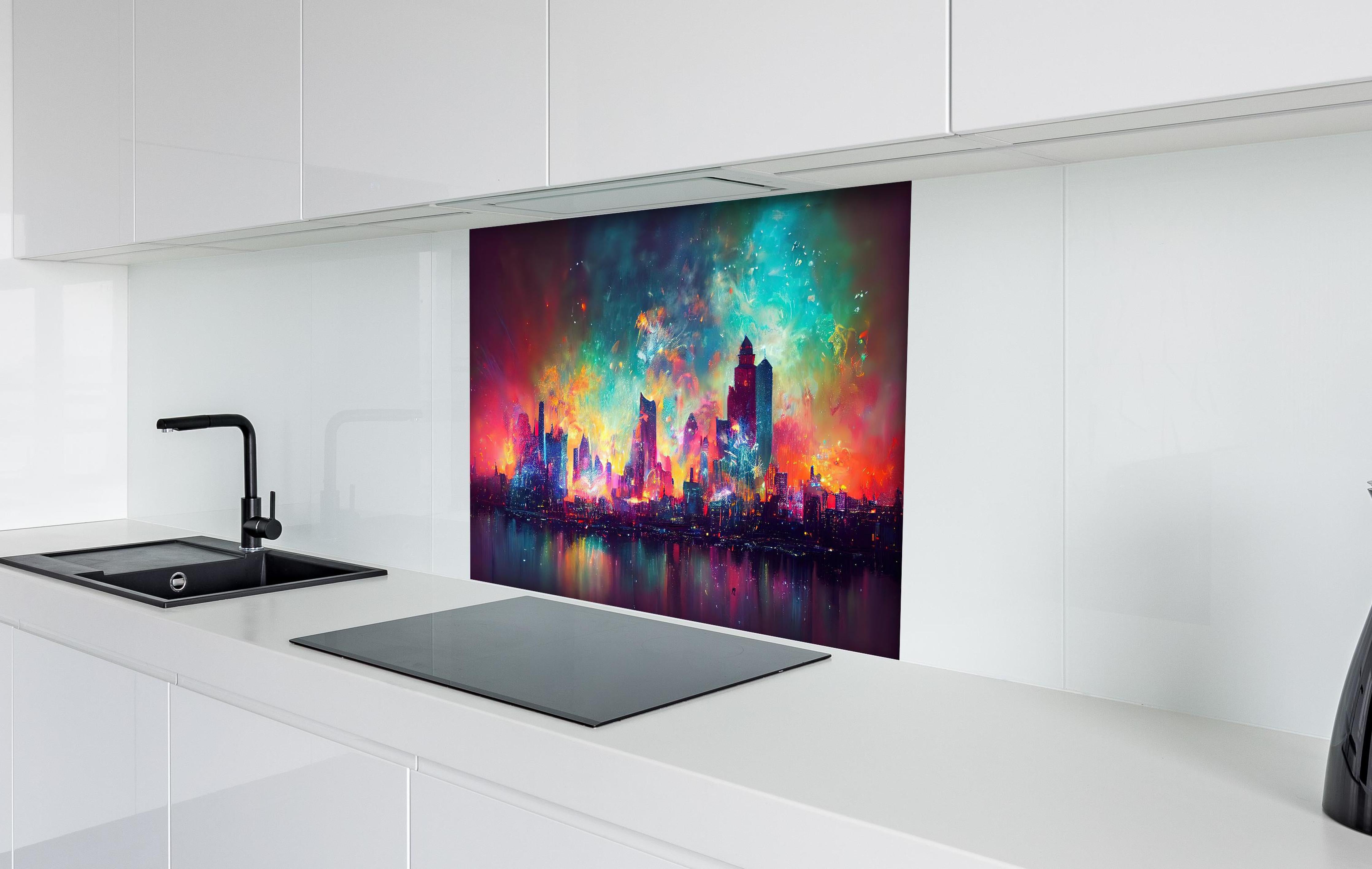 Spritzschutz - Buntes Feuerwerk bei Nacht - Graphik hinter einem Cerankochfeld zwischen Holz-Kochutensilien