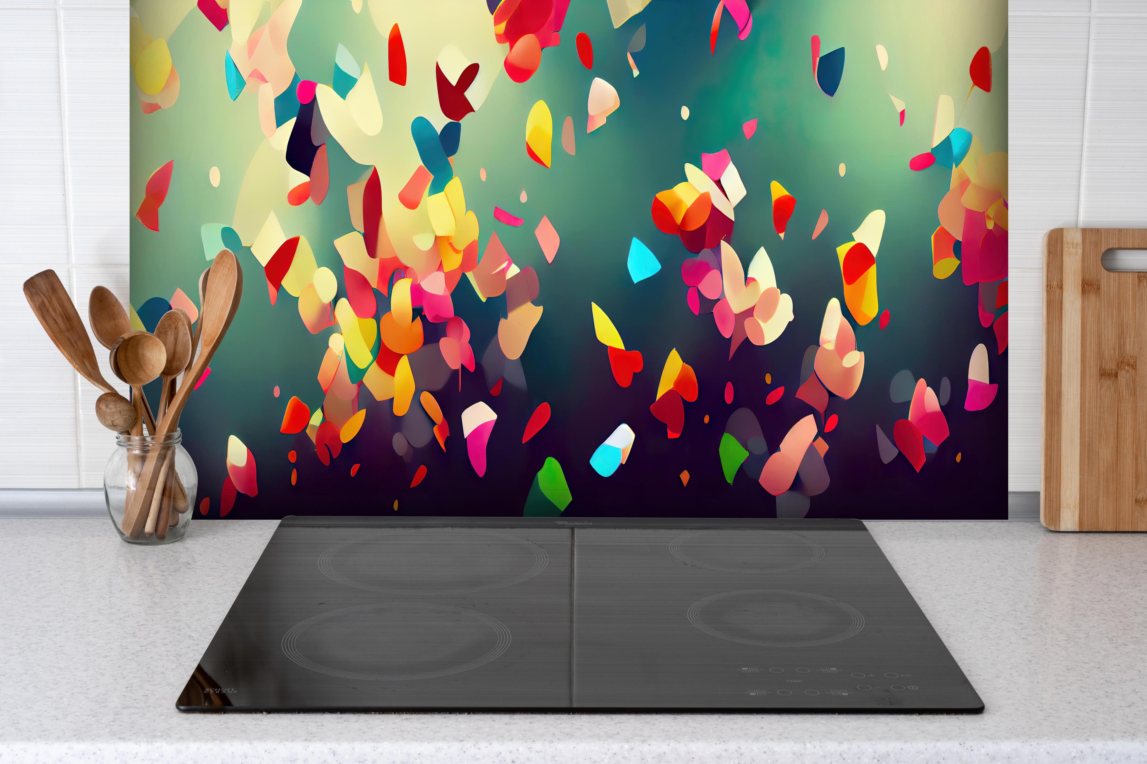 Spritzschutz - Buntes Konfetti Abstraktes Hintergrundbild hinter einem Cerankochfeld zwischen Holz-Kochutensilien