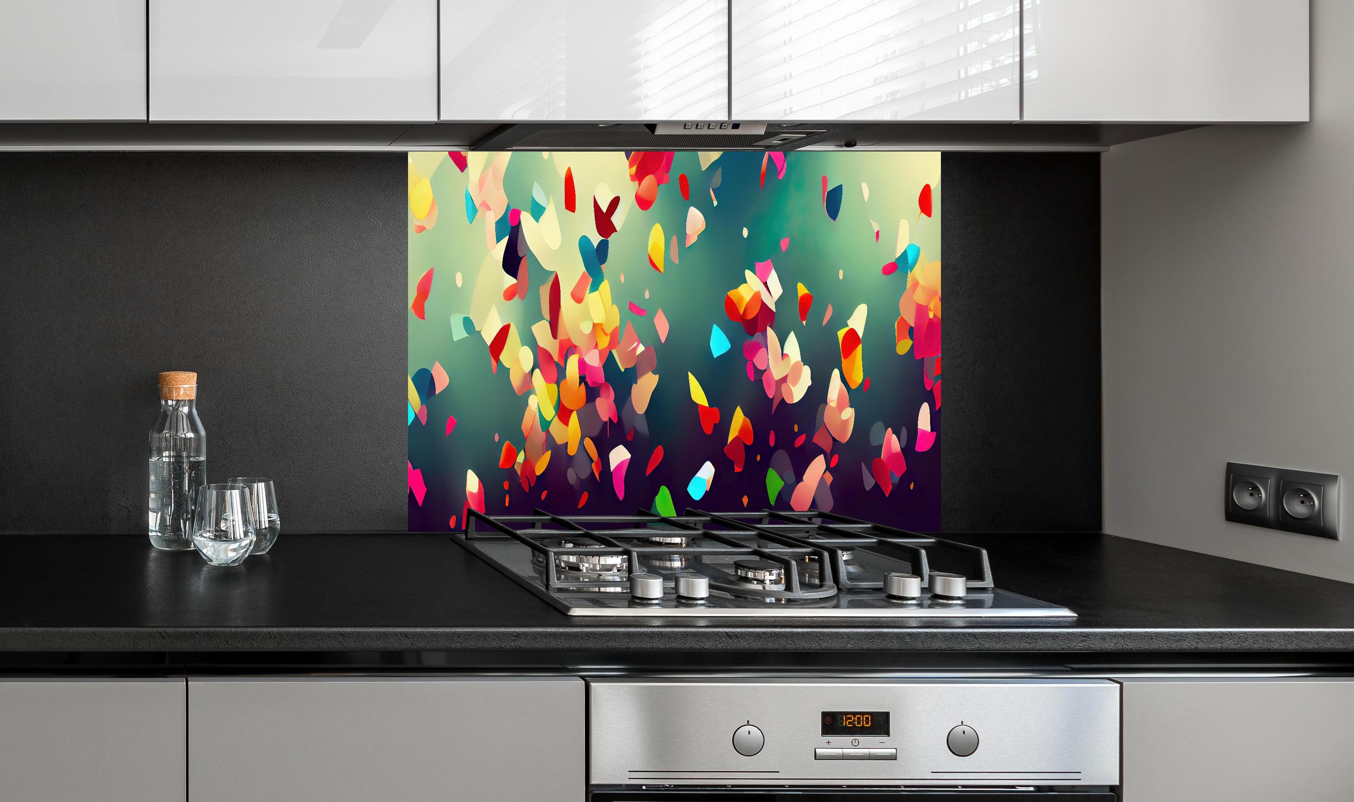 Spritzschutz - Buntes Konfetti Abstraktes Hintergrundbild hinter einem Cerankochfeld zwischen Holz-Kochutensilien