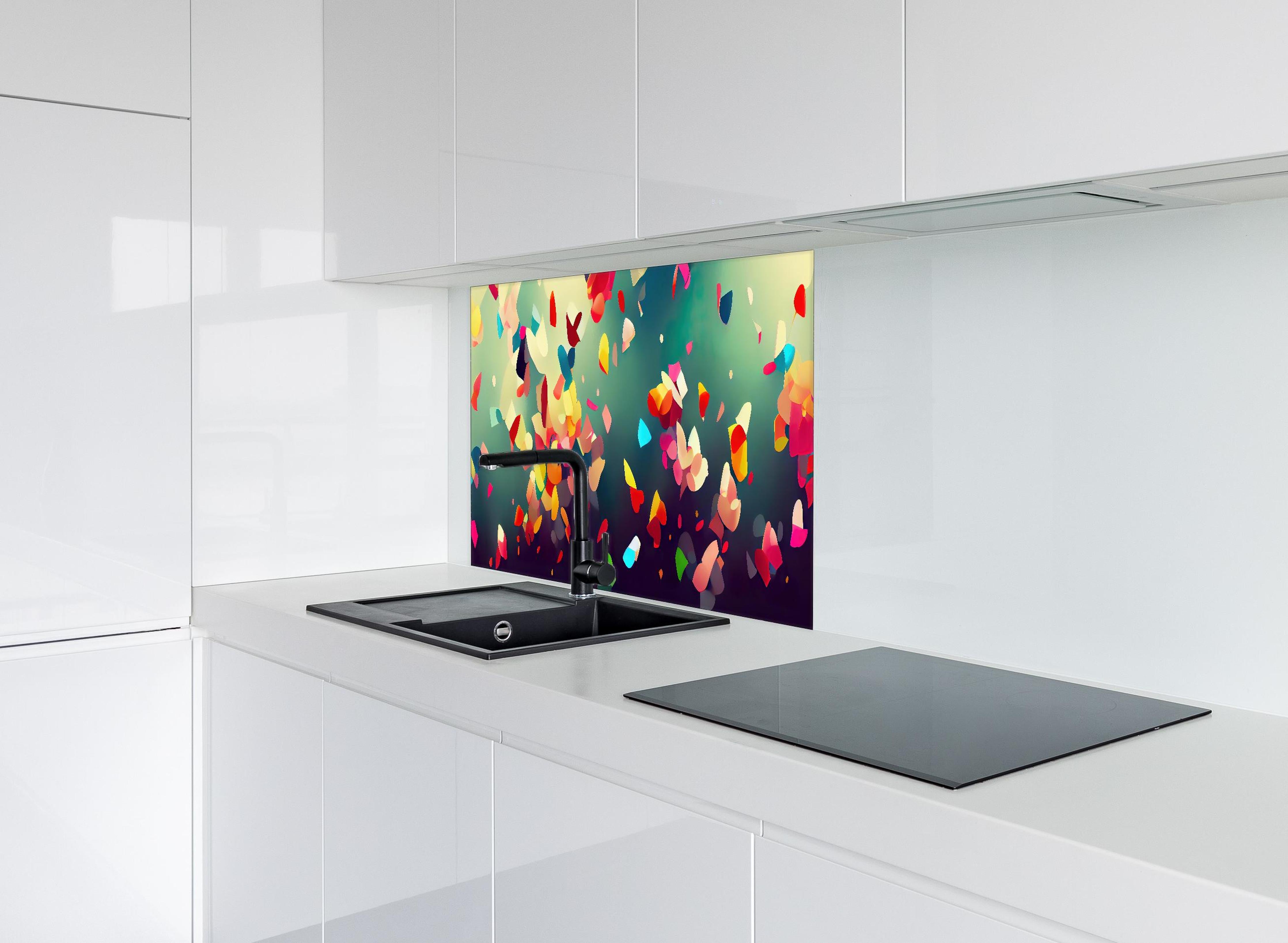 Spritzschutz - Buntes Konfetti Abstraktes Hintergrundbild hinter einem Cerankochfeld zwischen Holz-Kochutensilien