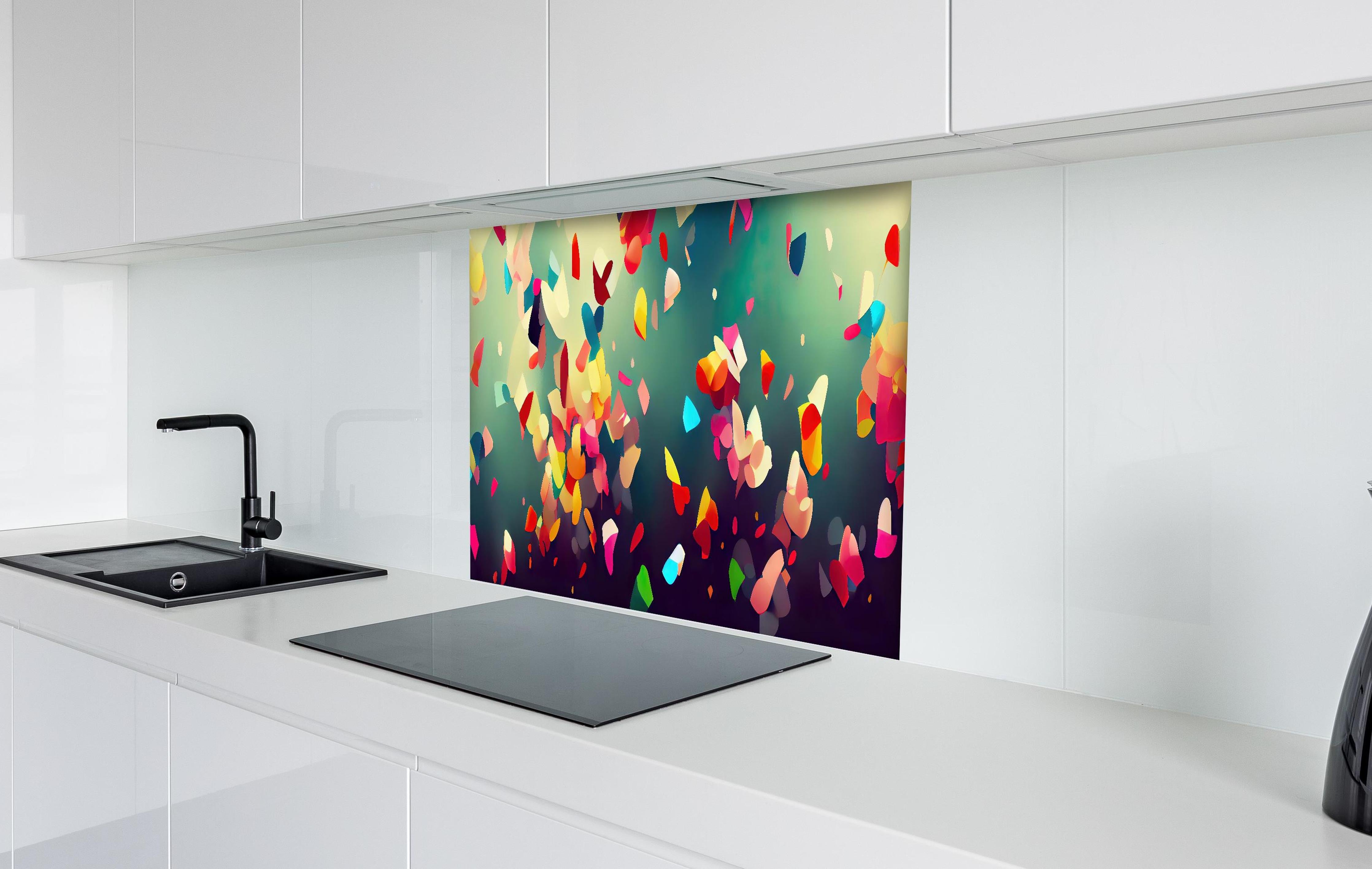 Spritzschutz - Buntes Konfetti Abstraktes Hintergrundbild hinter einem Cerankochfeld zwischen Holz-Kochutensilien