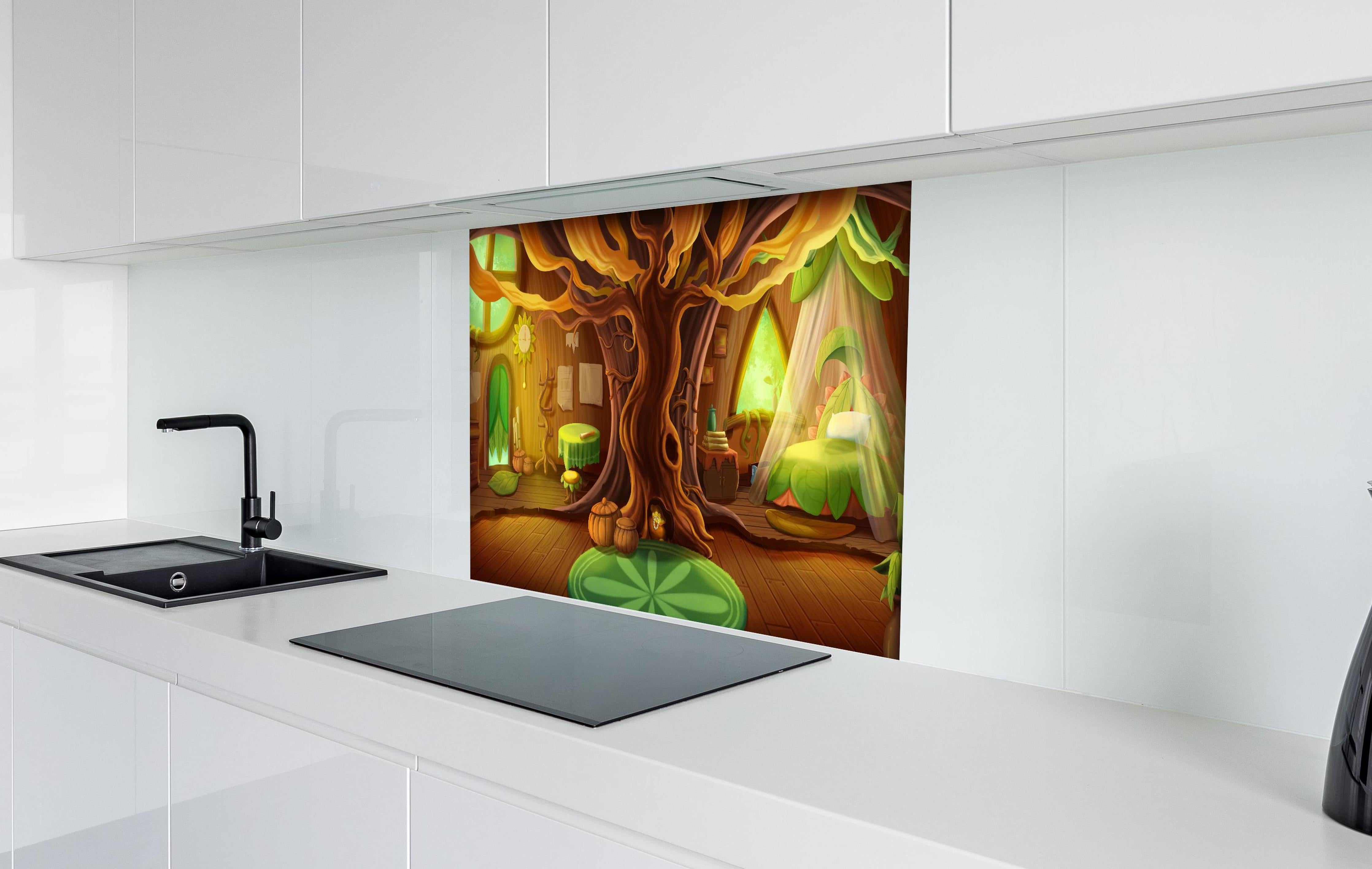 Spritzschutz - Cartoon Baumhaus hinter einem Cerankochfeld zwischen Holz-Kochutensilien