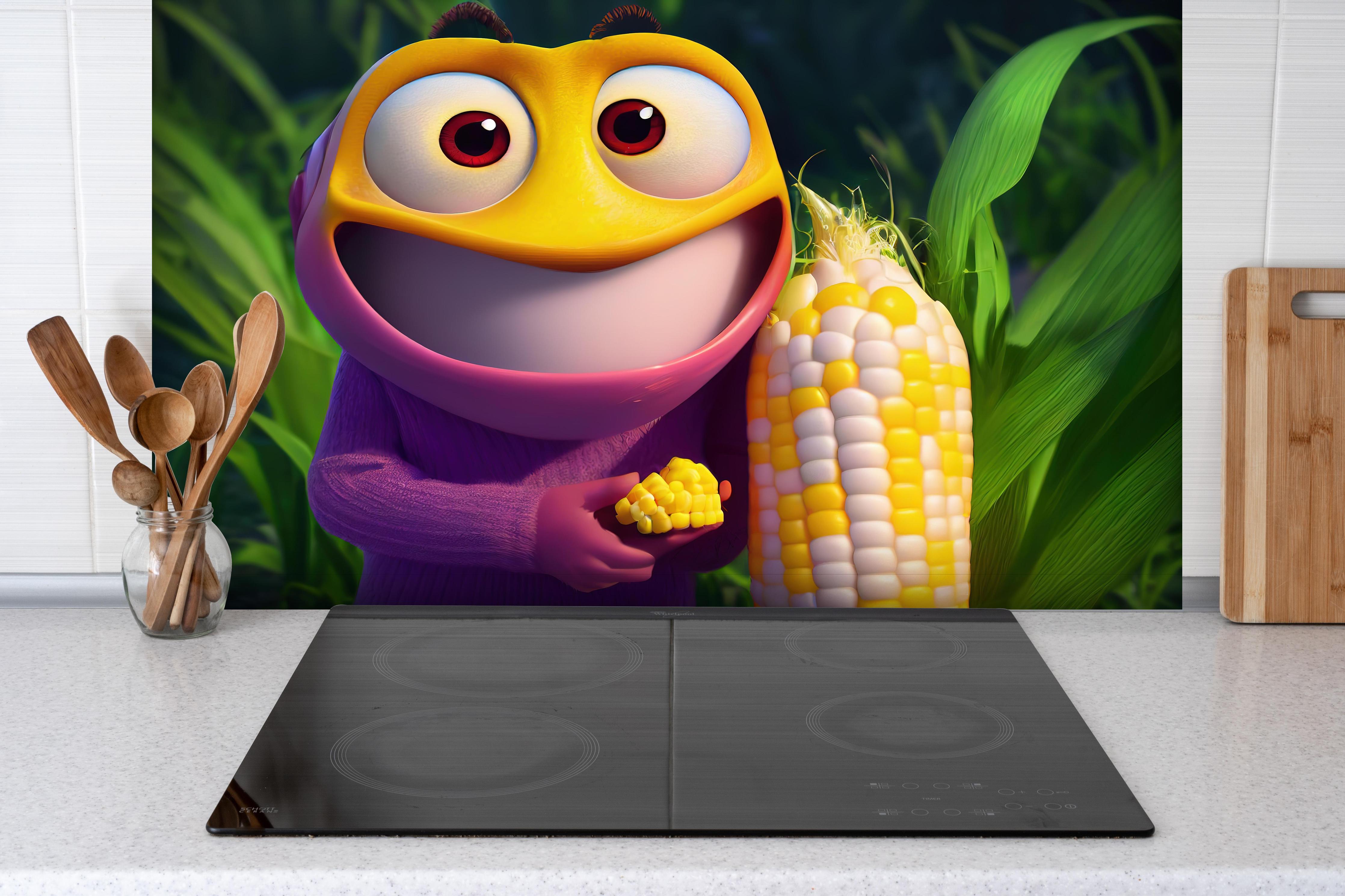 Spritzschutz - Cartoon Character mit Maiskolben hinter einem Cerankochfeld zwischen Holz-Kochutensilien