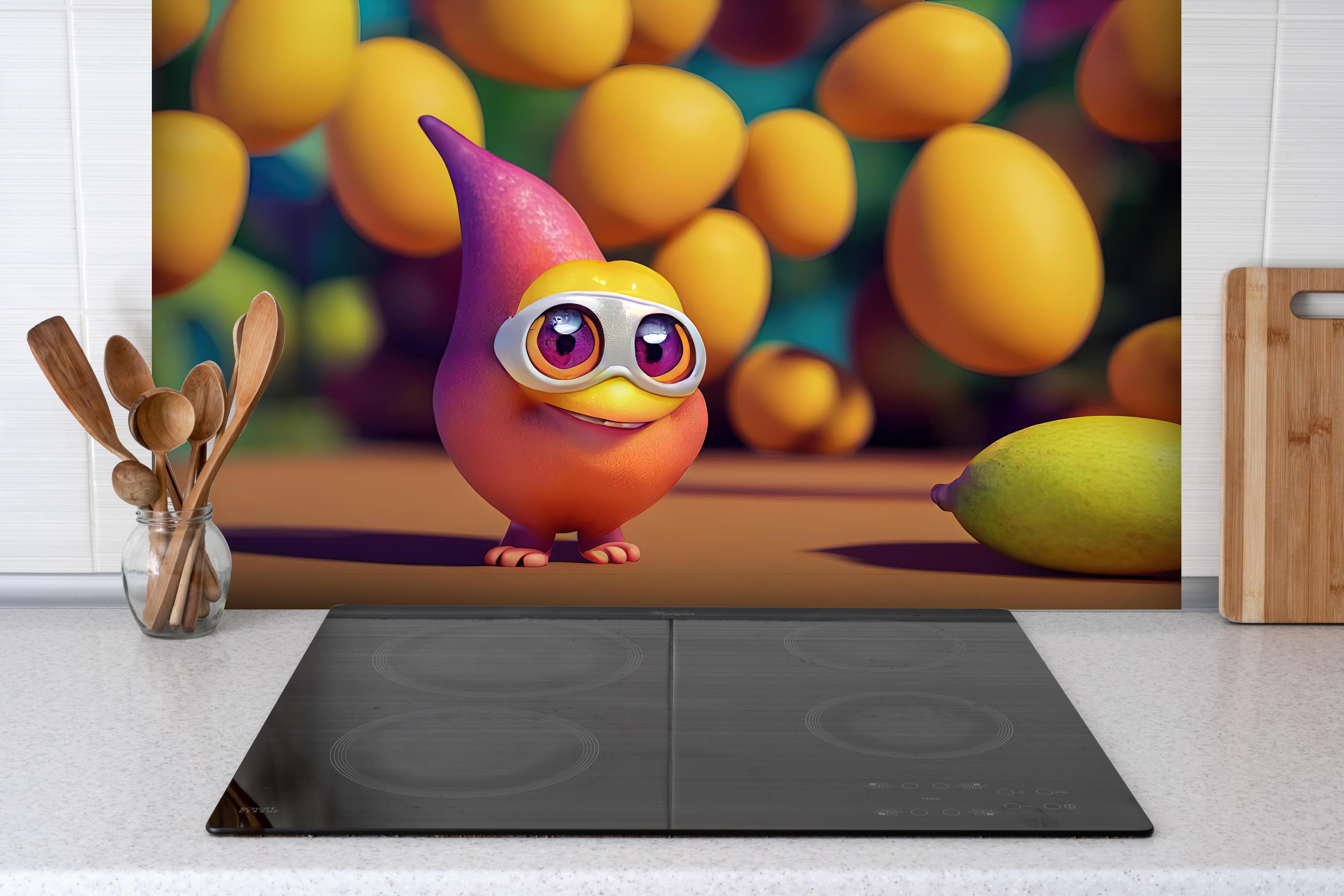 Spritzschutz - Cartoon Mangos hinter einem Cerankochfeld zwischen Holz-Kochutensilien