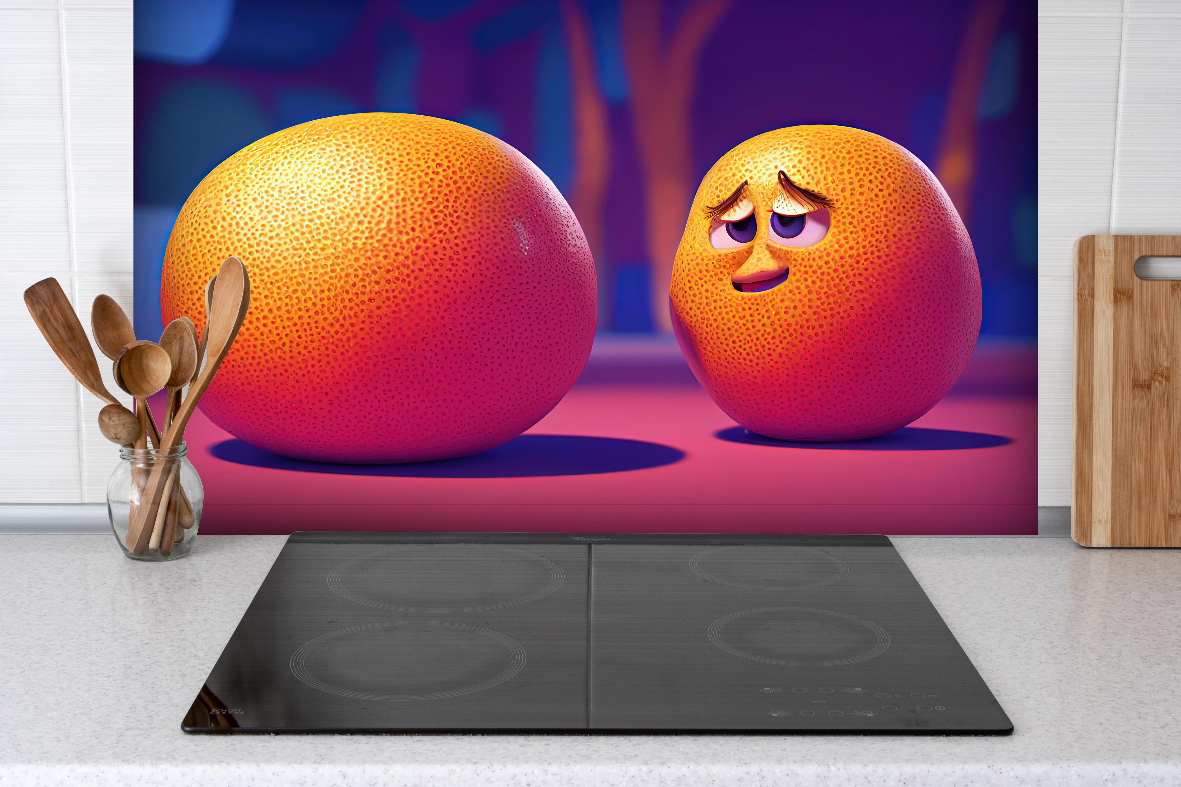 Spritzschutz - Cartoon Orangen hinter einem Cerankochfeld zwischen Holz-Kochutensilien
