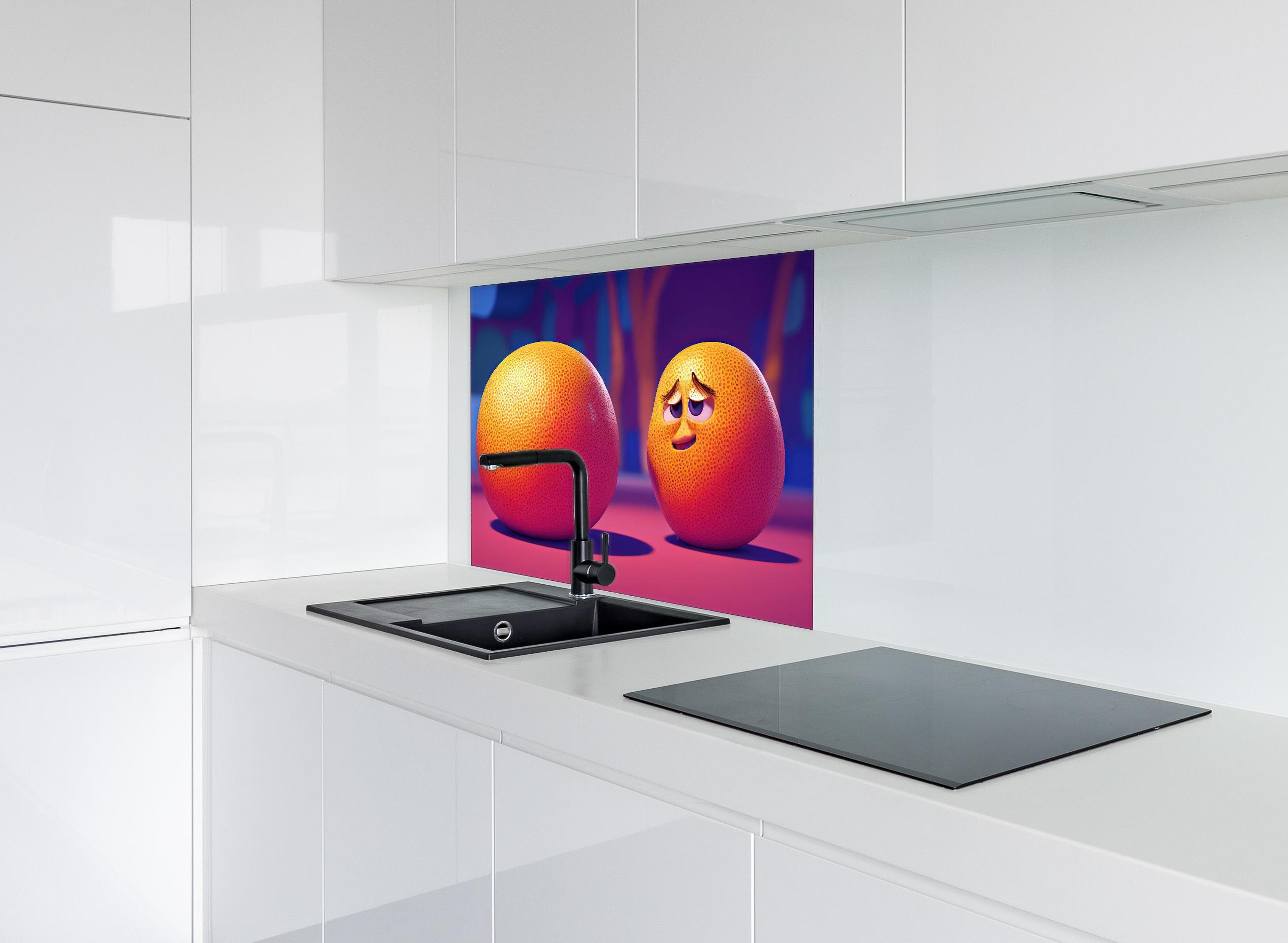 Spritzschutz - Cartoon Orangen hinter einem Cerankochfeld zwischen Holz-Kochutensilien