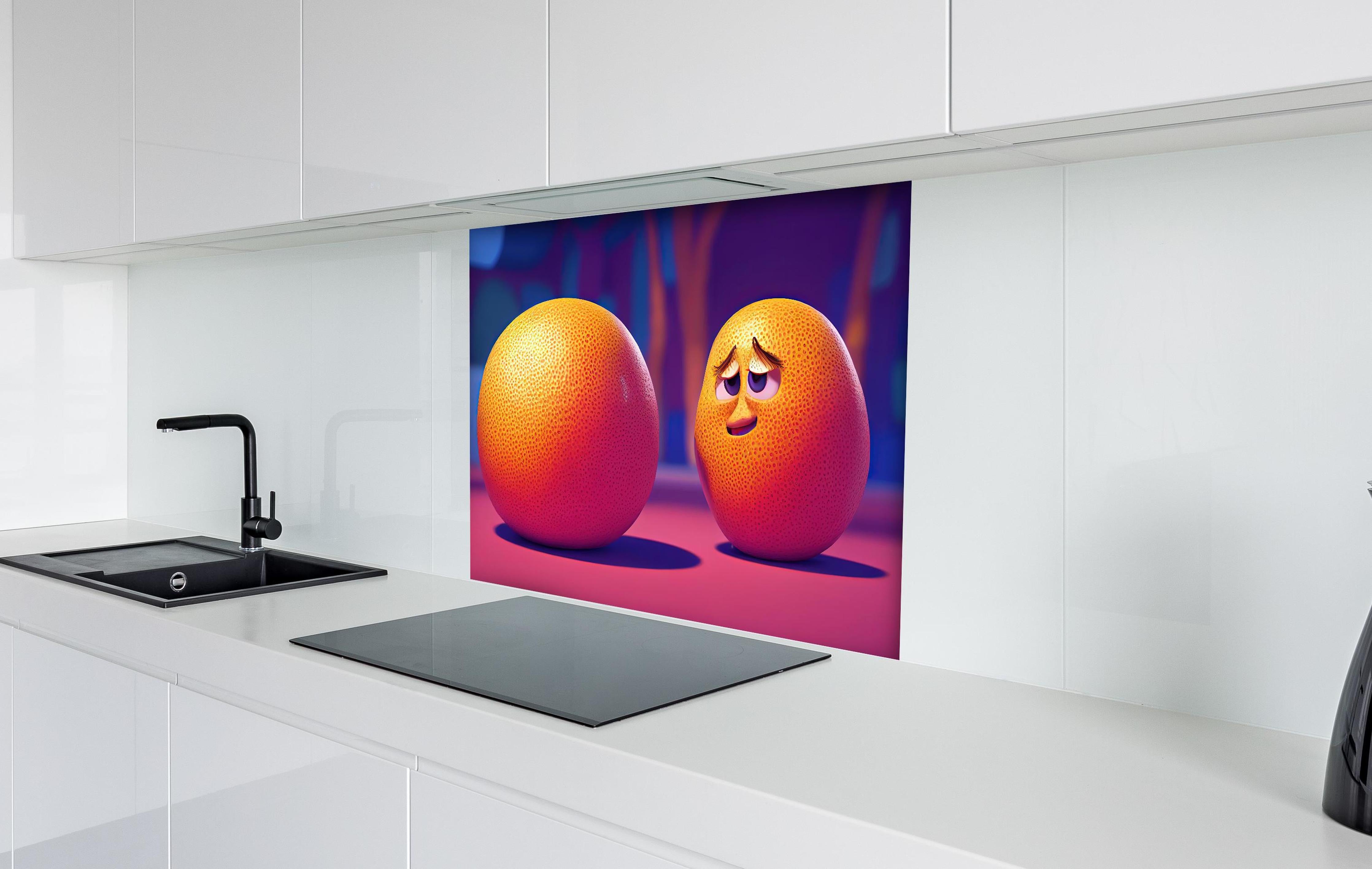 Spritzschutz - Cartoon Orangen hinter einem Cerankochfeld zwischen Holz-Kochutensilien