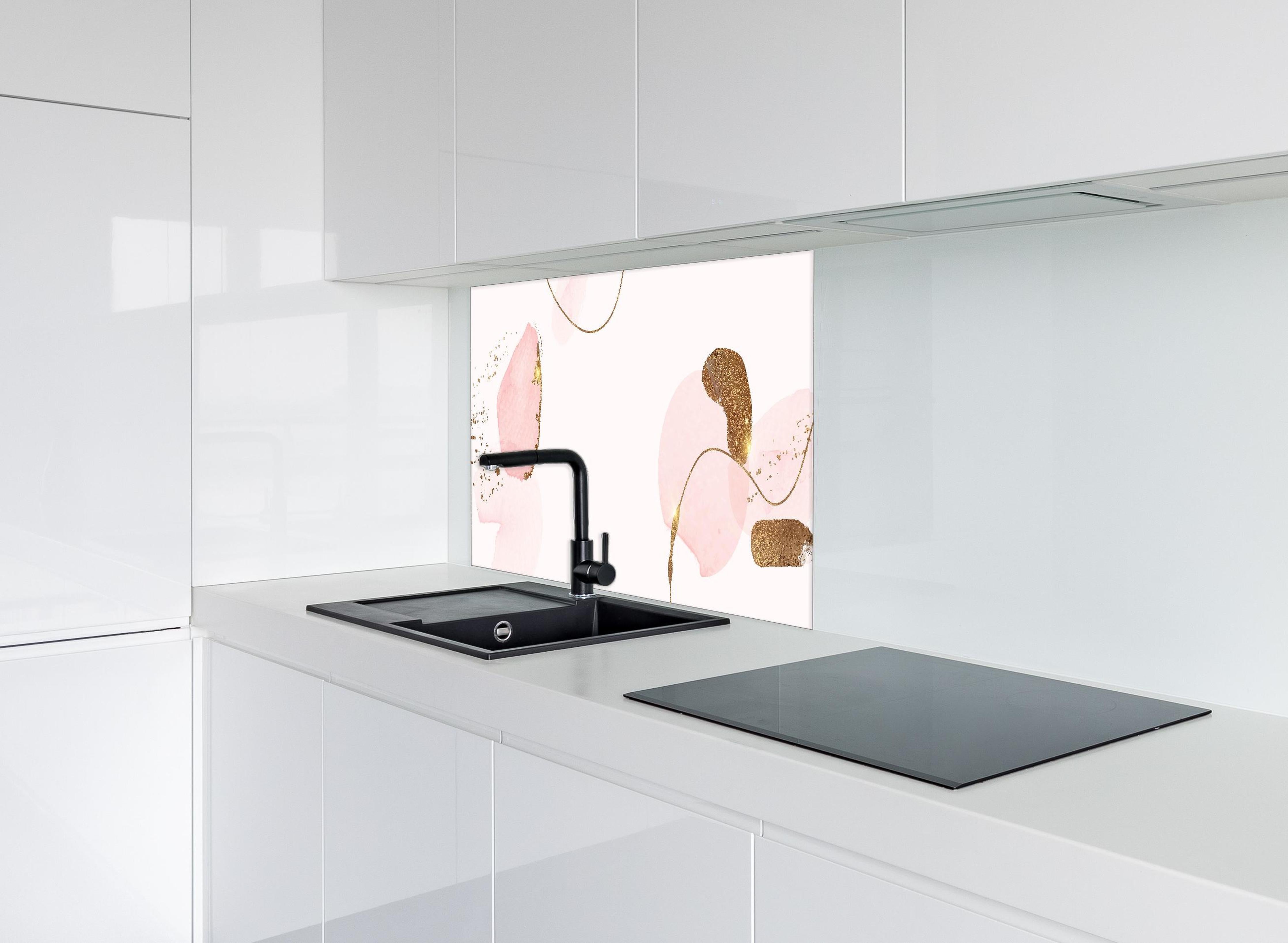 Spritzschutz - Chic Rosa und Gold Aquarell Kunstwerk hinter einem Cerankochfeld zwischen Holz-Kochutensilien