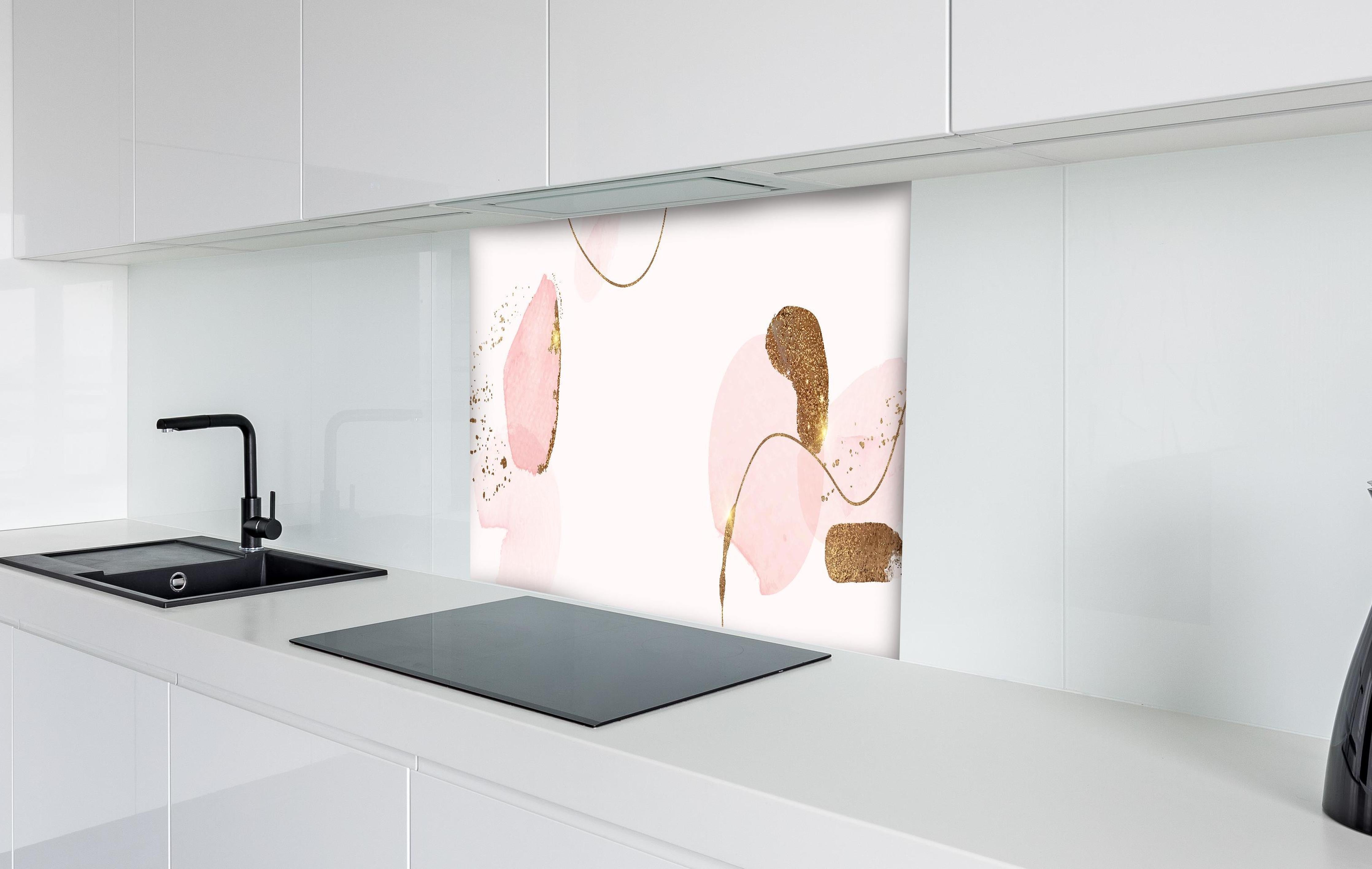 Spritzschutz - Chic Rosa und Gold Aquarell Kunstwerk hinter einem Cerankochfeld zwischen Holz-Kochutensilien