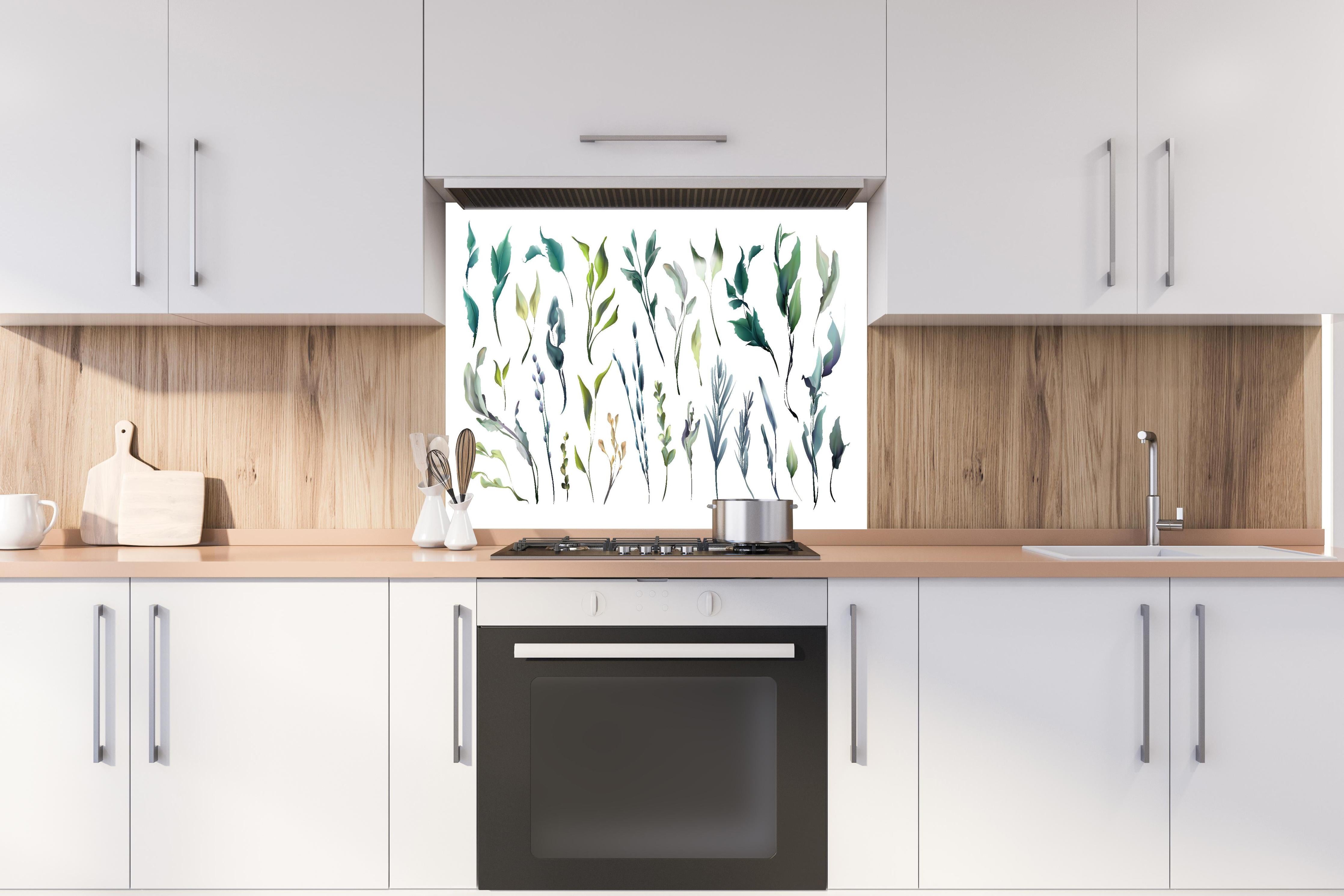 Spritzschutz - Dekorative Aquarell Pflanzen und Blätter Kollektion hinter einem Cerankochfeld zwischen Holz-Kochutensilien