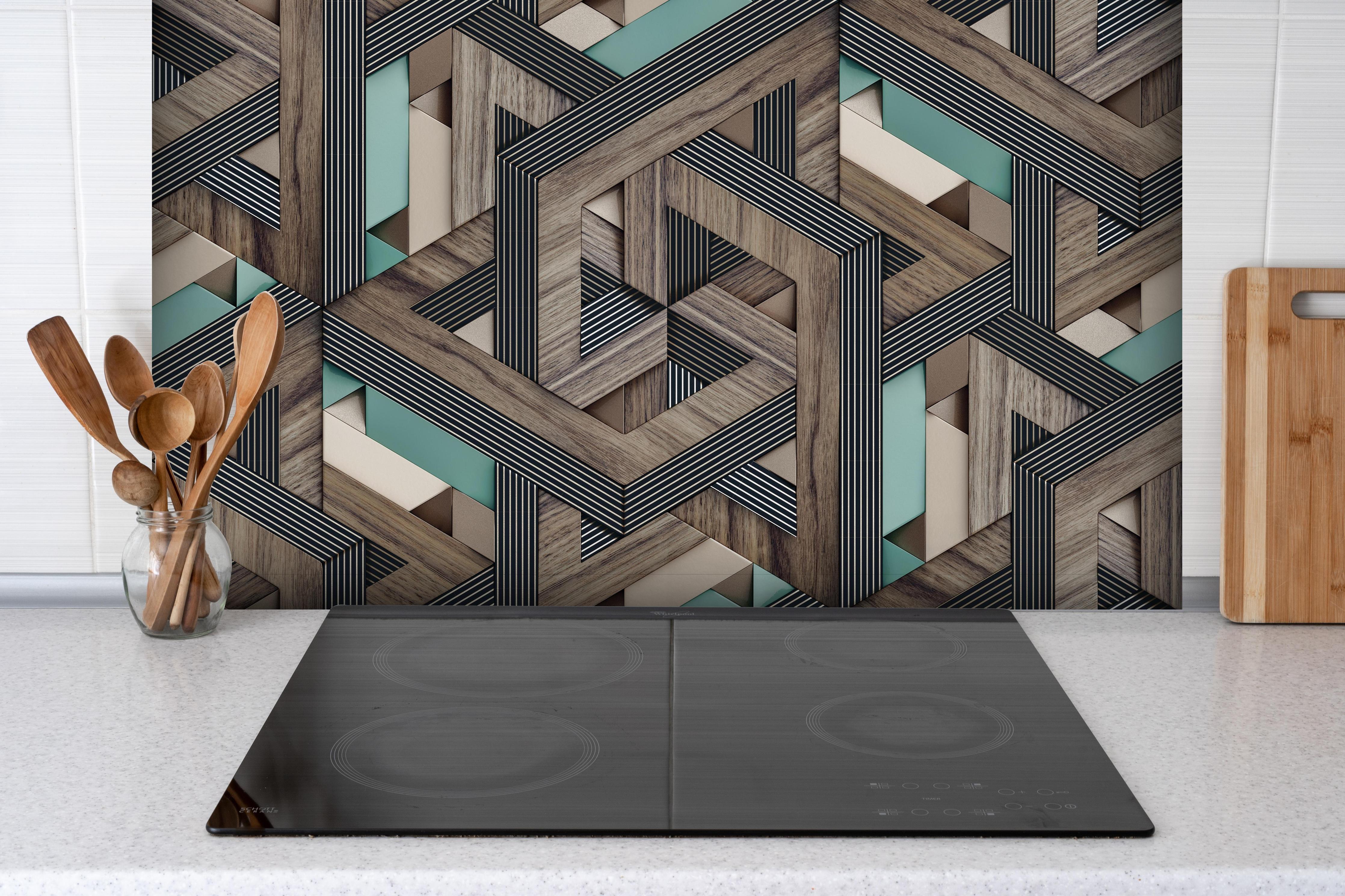 Spritzschutz - Dekorative Illustration - 3D Kunst hinter einem Cerankochfeld zwischen Holz-Kochutensilien