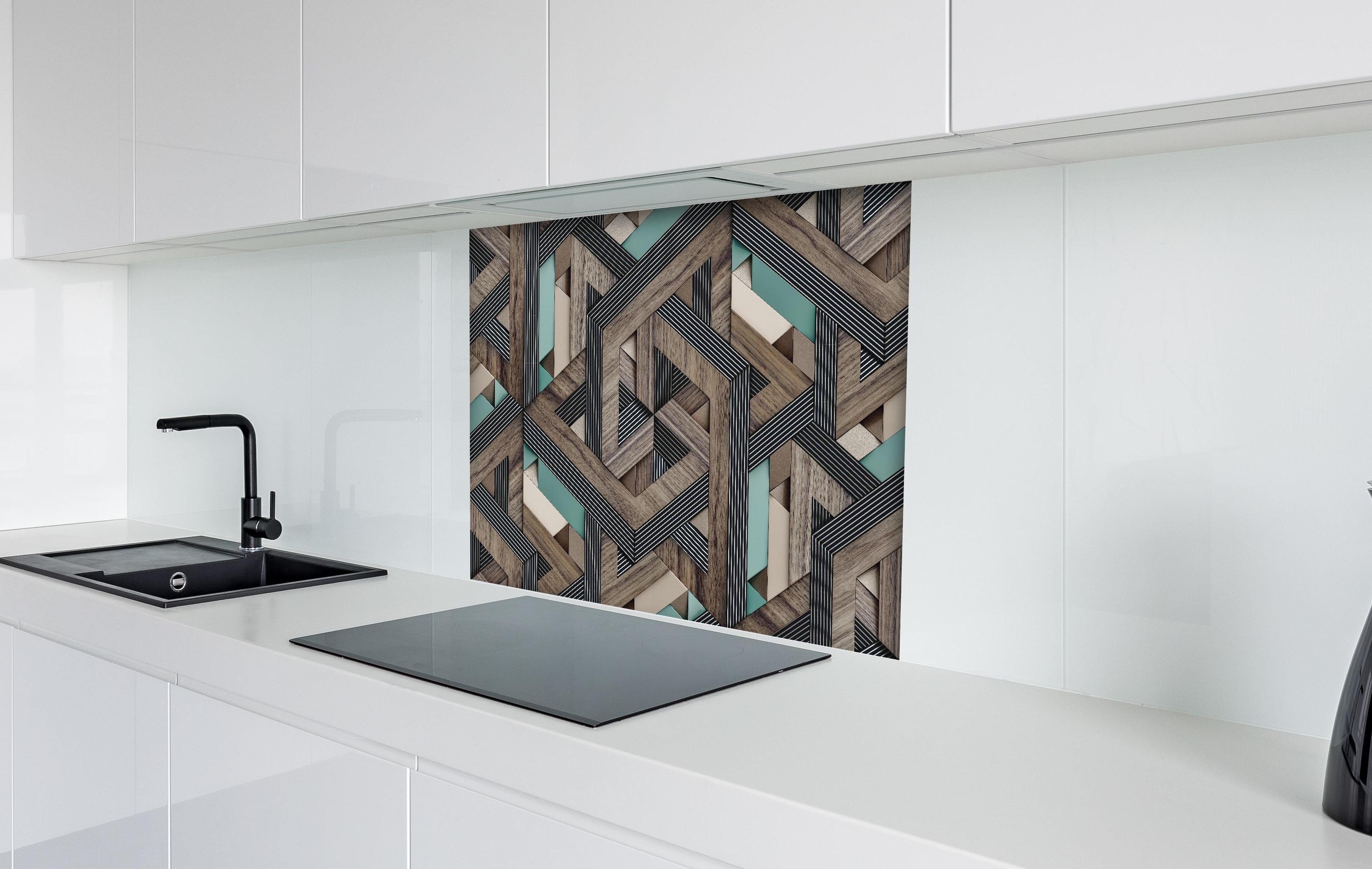 Spritzschutz - Dekorative Illustration - 3D Kunst hinter einem Cerankochfeld zwischen Holz-Kochutensilien