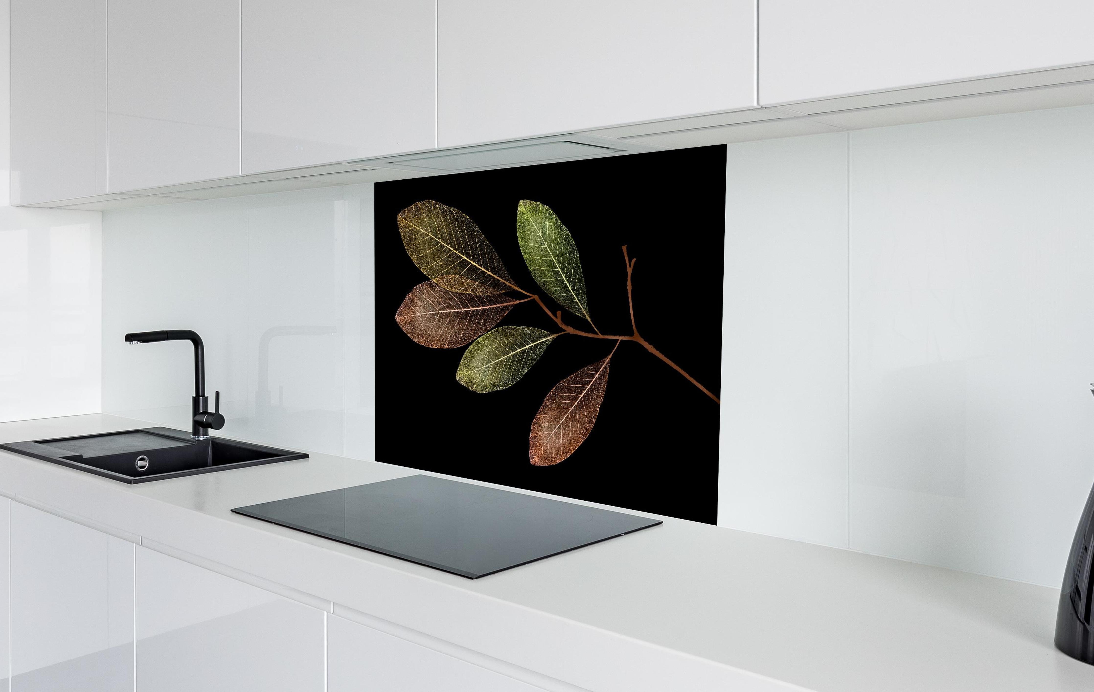 Spritzschutz - Detaillierte grün-braune Blattvenen Struktur hinter einem Cerankochfeld zwischen Holz-Kochutensilien