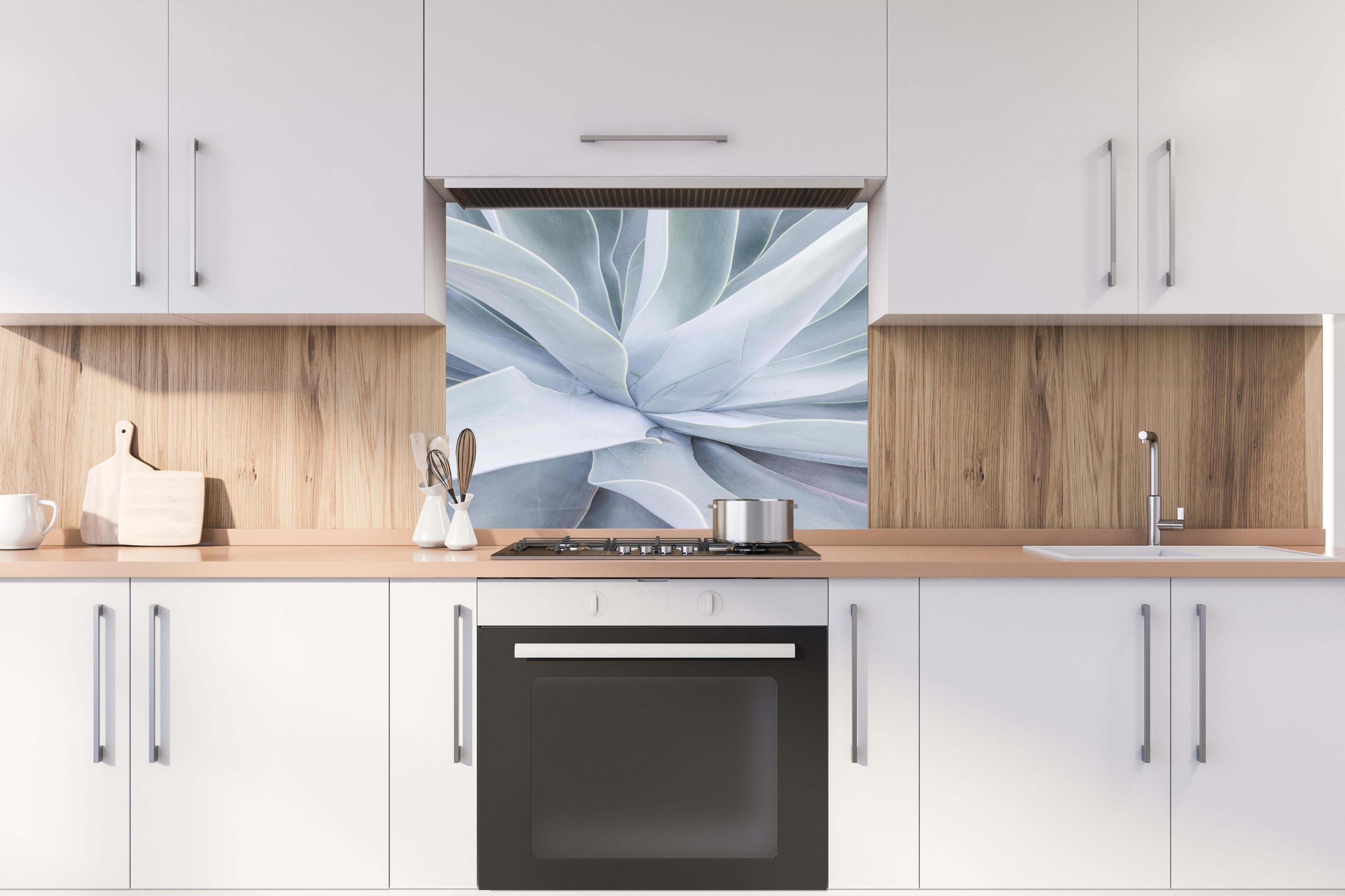 Spritzschutz - Detailreiche Mintgrüne Sukkulenten-Textur hinter einem Cerankochfeld zwischen Holz-Kochutensilien