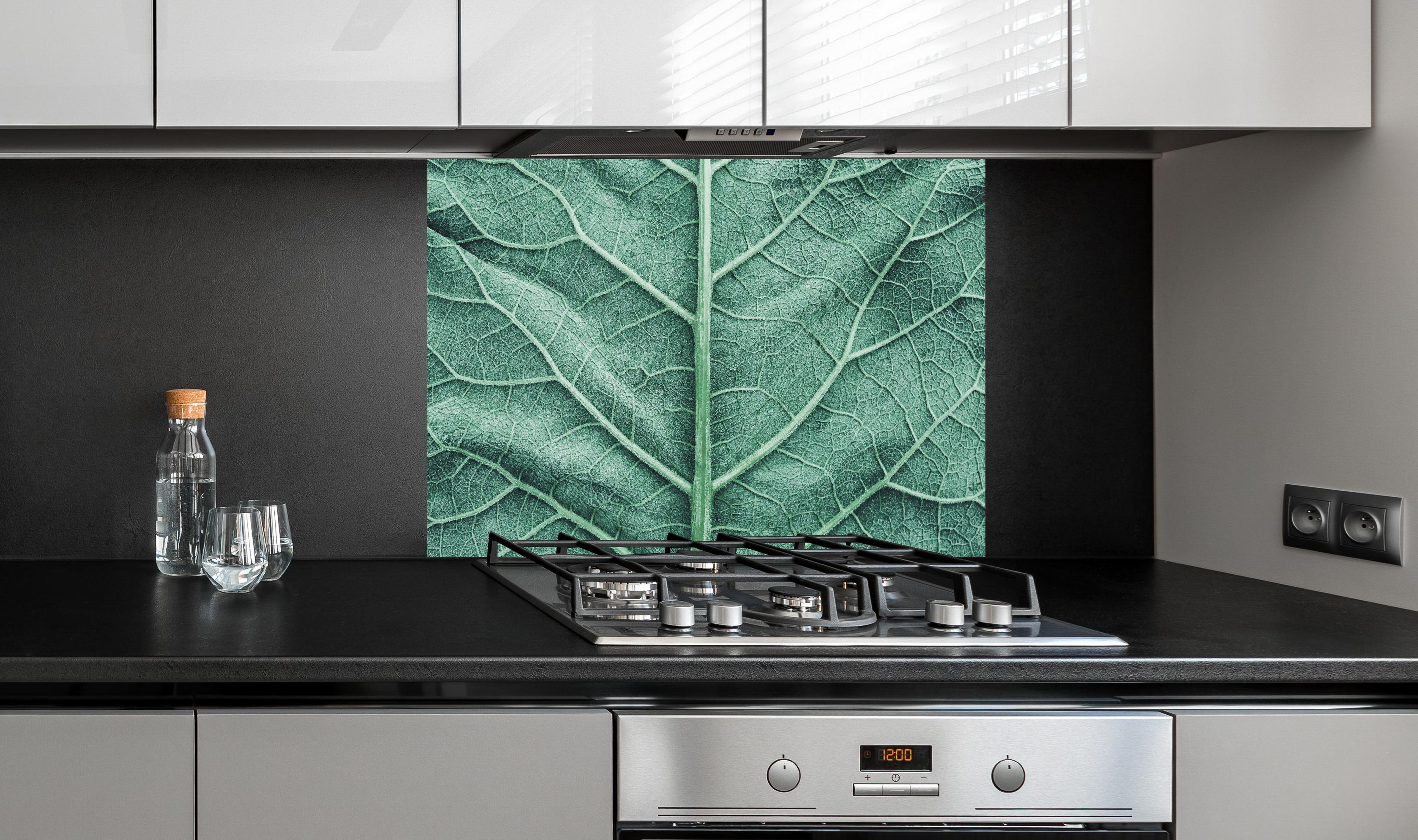 Spritzschutz - Detailreiche grüne Klettenblatt Makroaufnahme hinter einem Cerankochfeld zwischen Holz-Kochutensilien