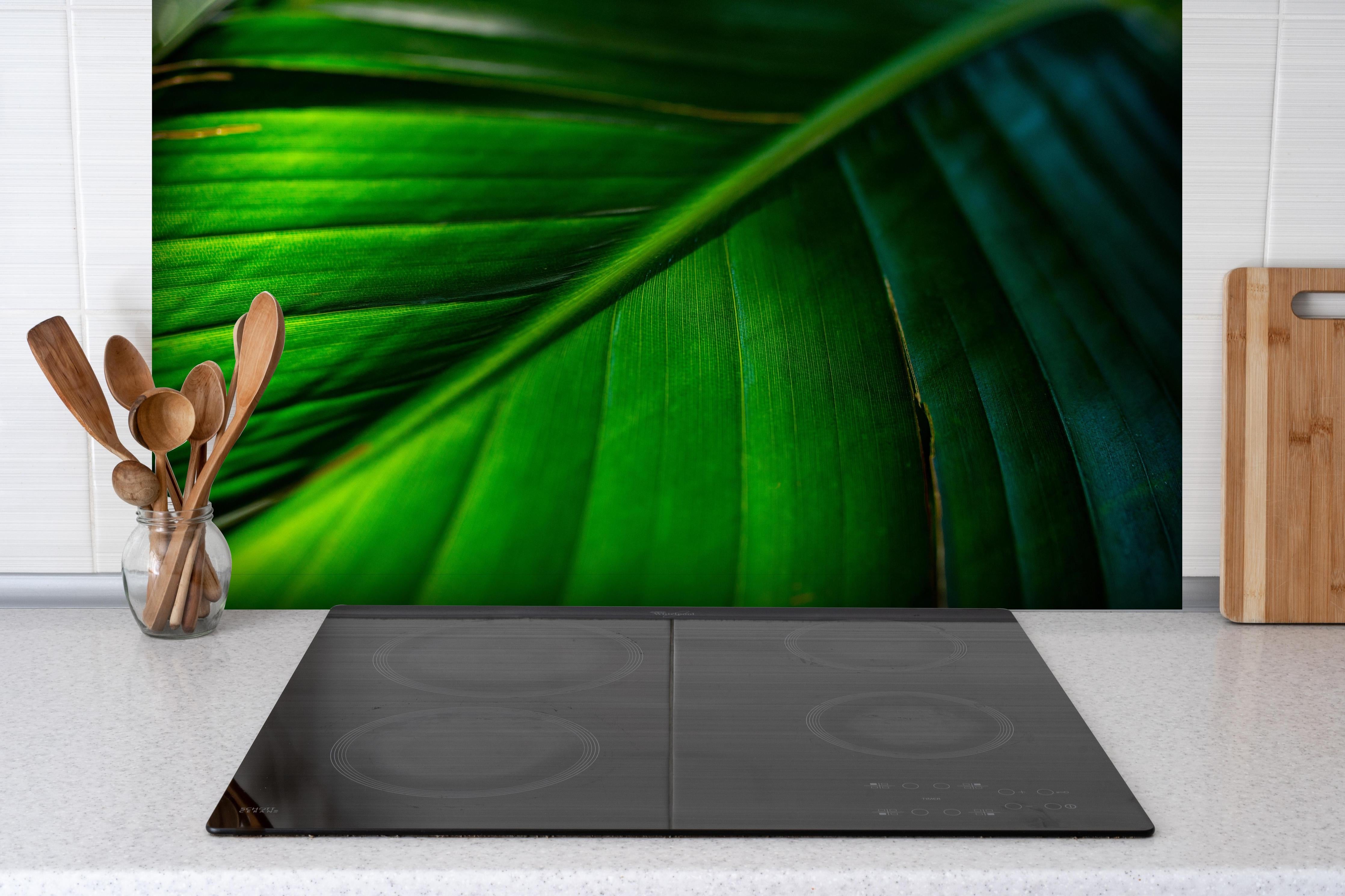 Spritzschutz - Detailreiche grüne tropische Blattstruktur hinter einem Cerankochfeld zwischen Holz-Kochutensilien