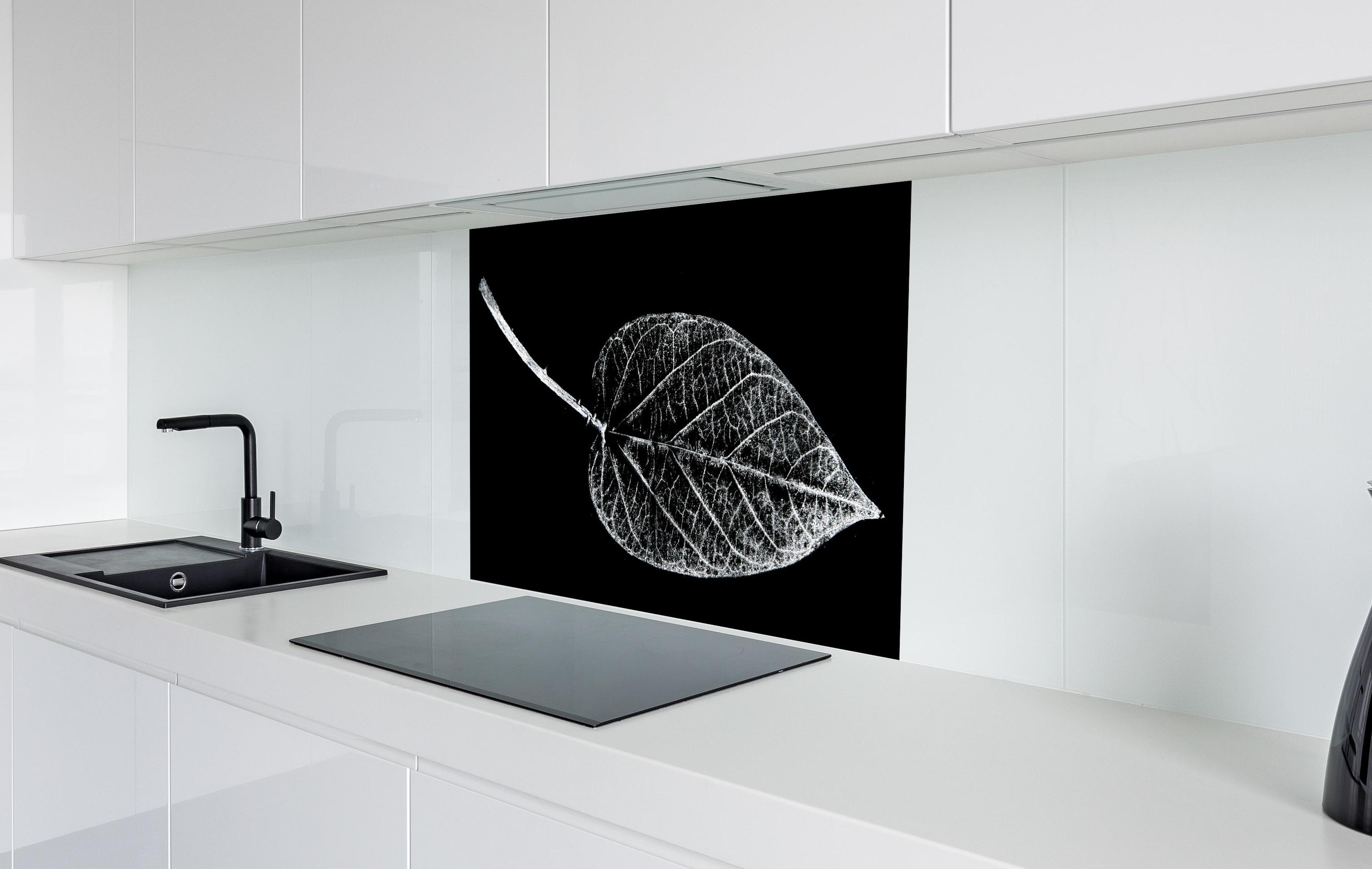 Spritzschutz - Detailreiches Laubblatt in Schwarz und Weiß hinter einem Cerankochfeld zwischen Holz-Kochutensilien