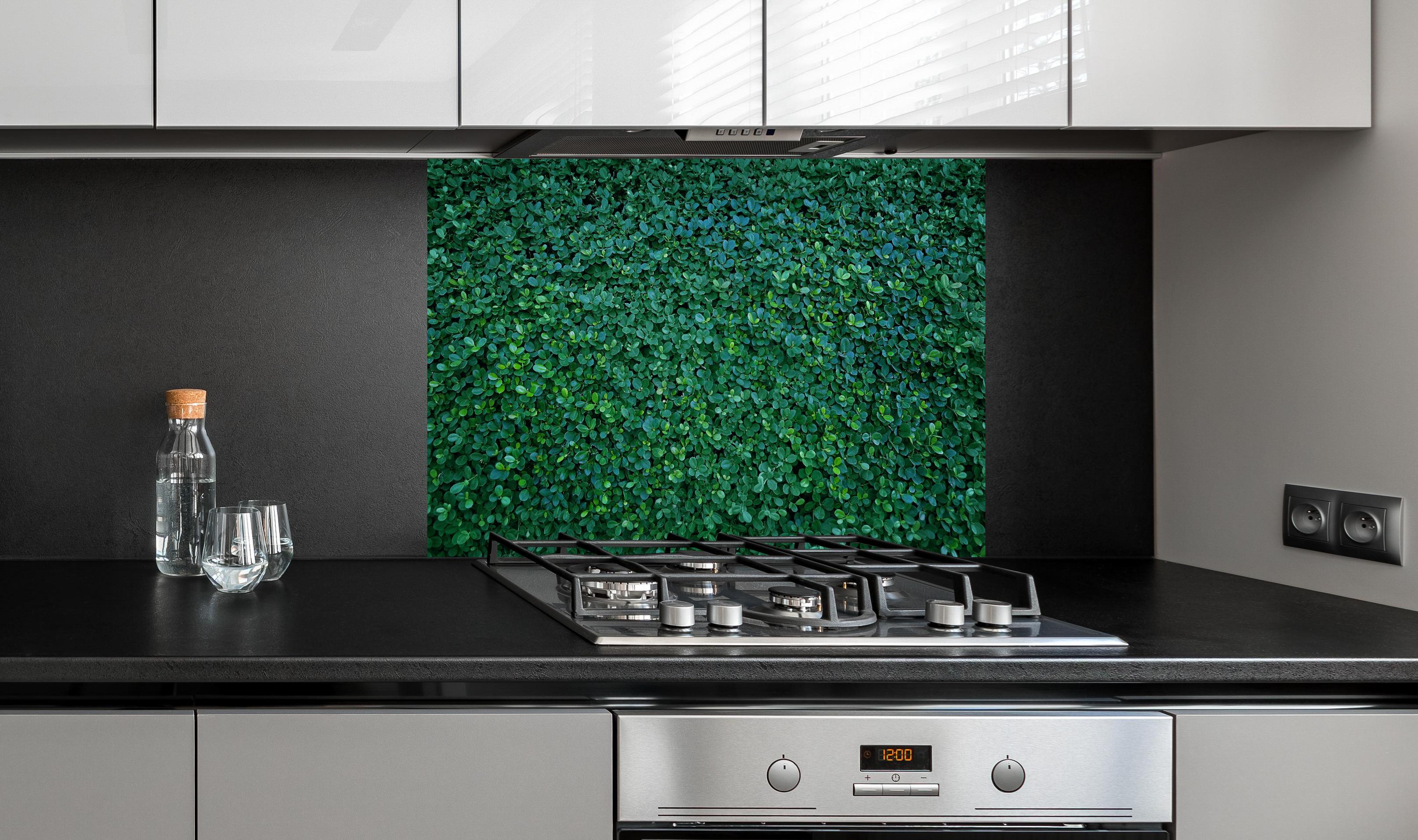 Spritzschutz - Dichte grüne Blattwerk Wand Textur hinter einem Cerankochfeld zwischen Holz-Kochutensilien