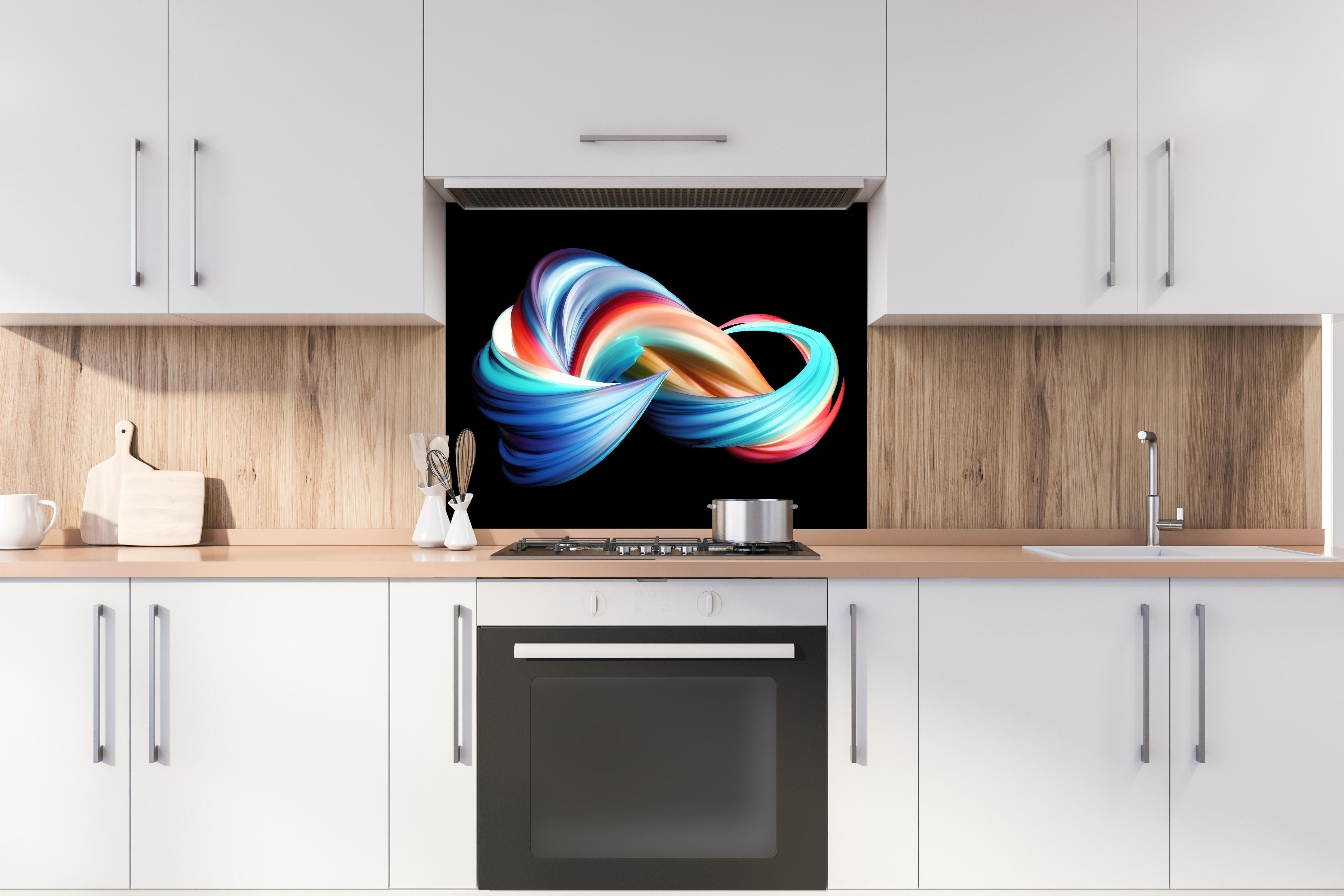 Spritzschutz - Digitale Kunst - 3D hinter einem Cerankochfeld zwischen Holz-Kochutensilien