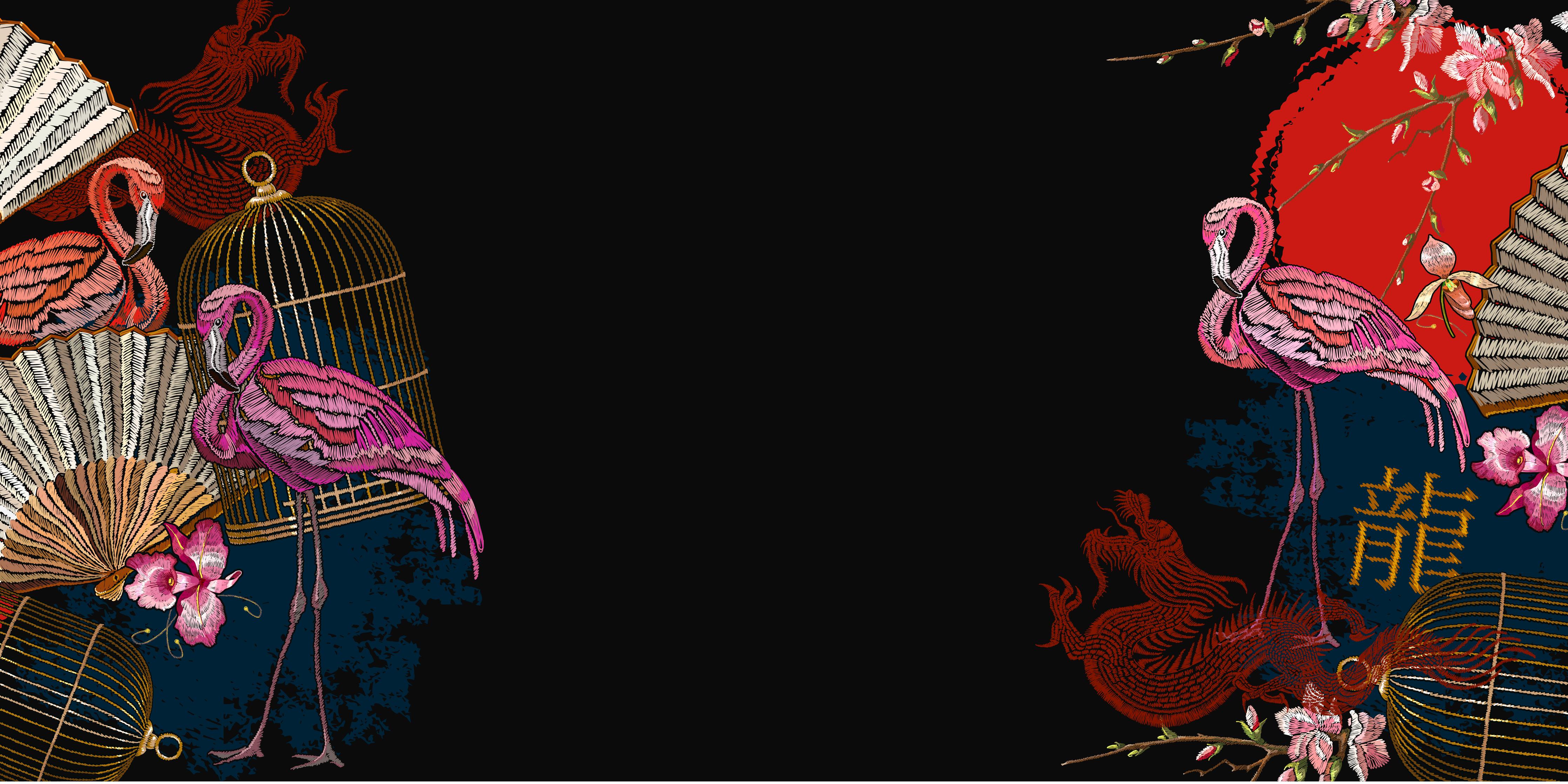 Spritzschutz-Drachen & Flamigos - Stickmuster