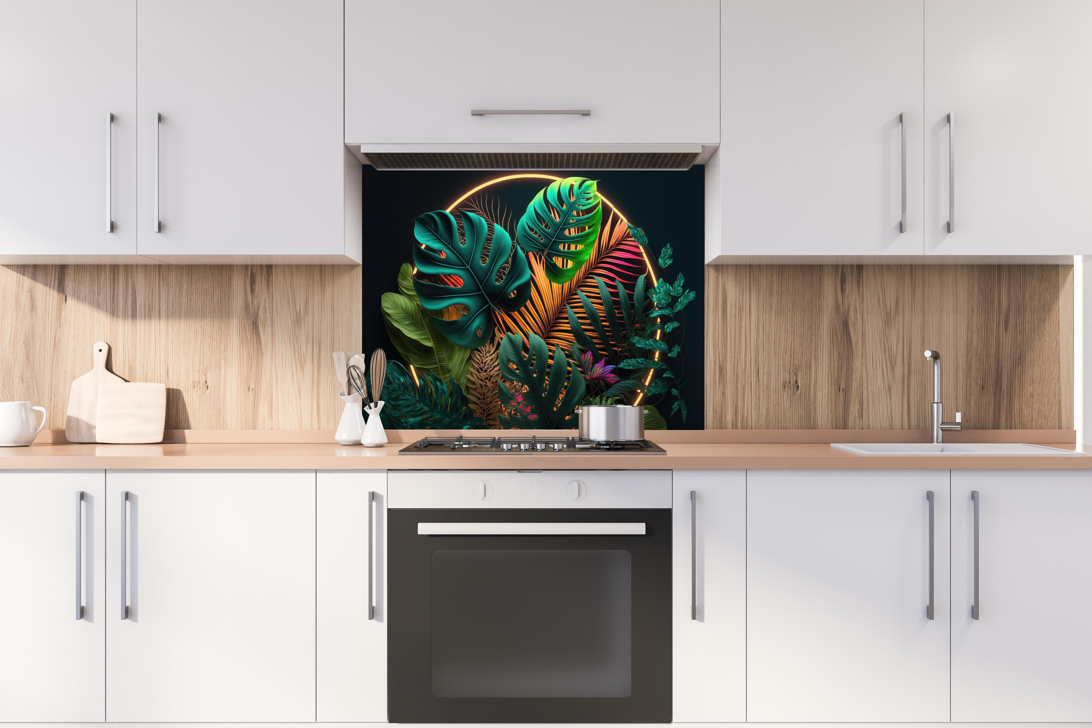 Spritzschutz - Dunkelgrüne tropische Blätter buntes Neonlicht hinter einem Cerankochfeld zwischen Holz-Kochutensilien