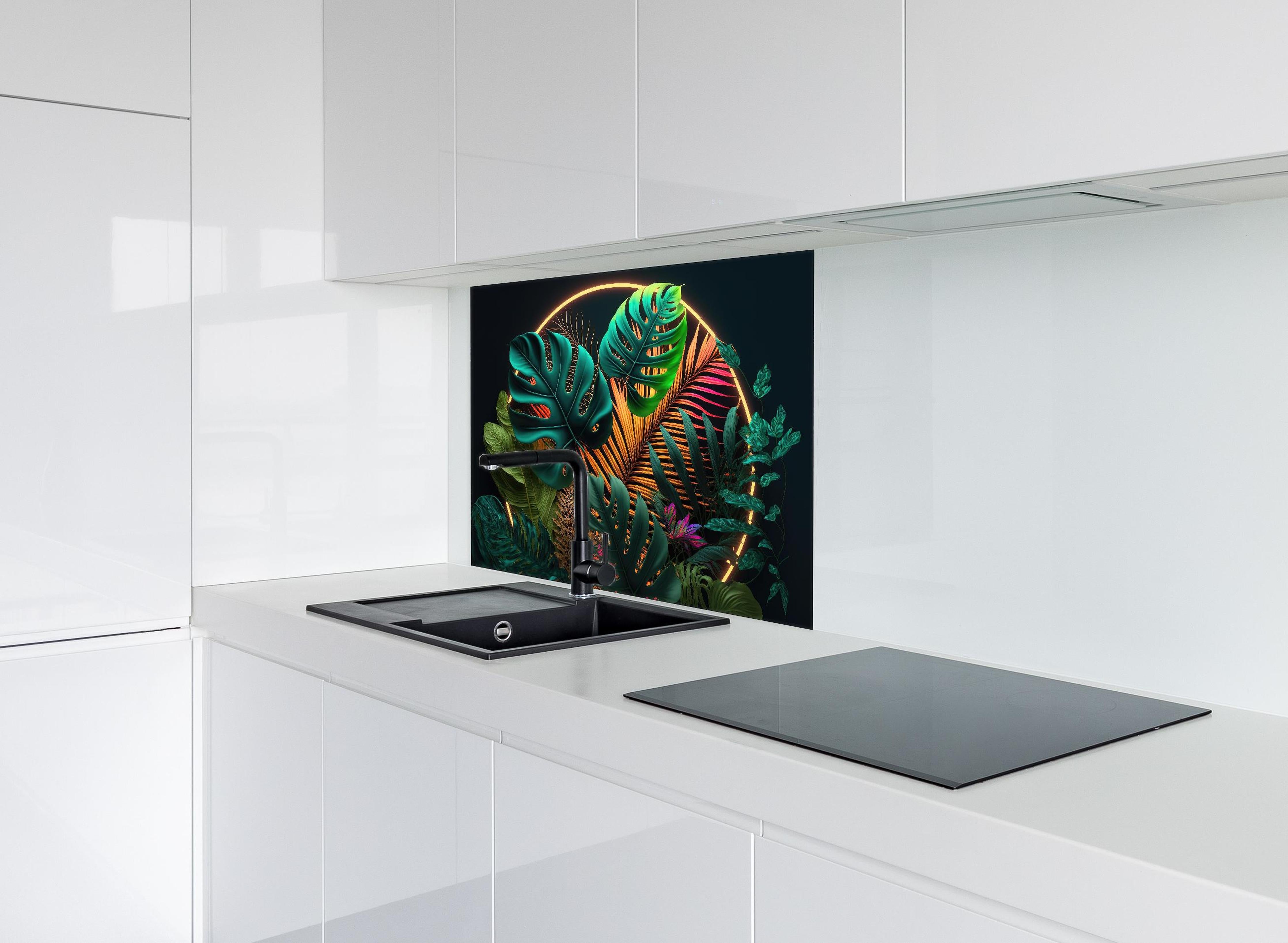 Spritzschutz - Dunkelgrüne tropische Blätter buntes Neonlicht hinter einem Cerankochfeld zwischen Holz-Kochutensilien