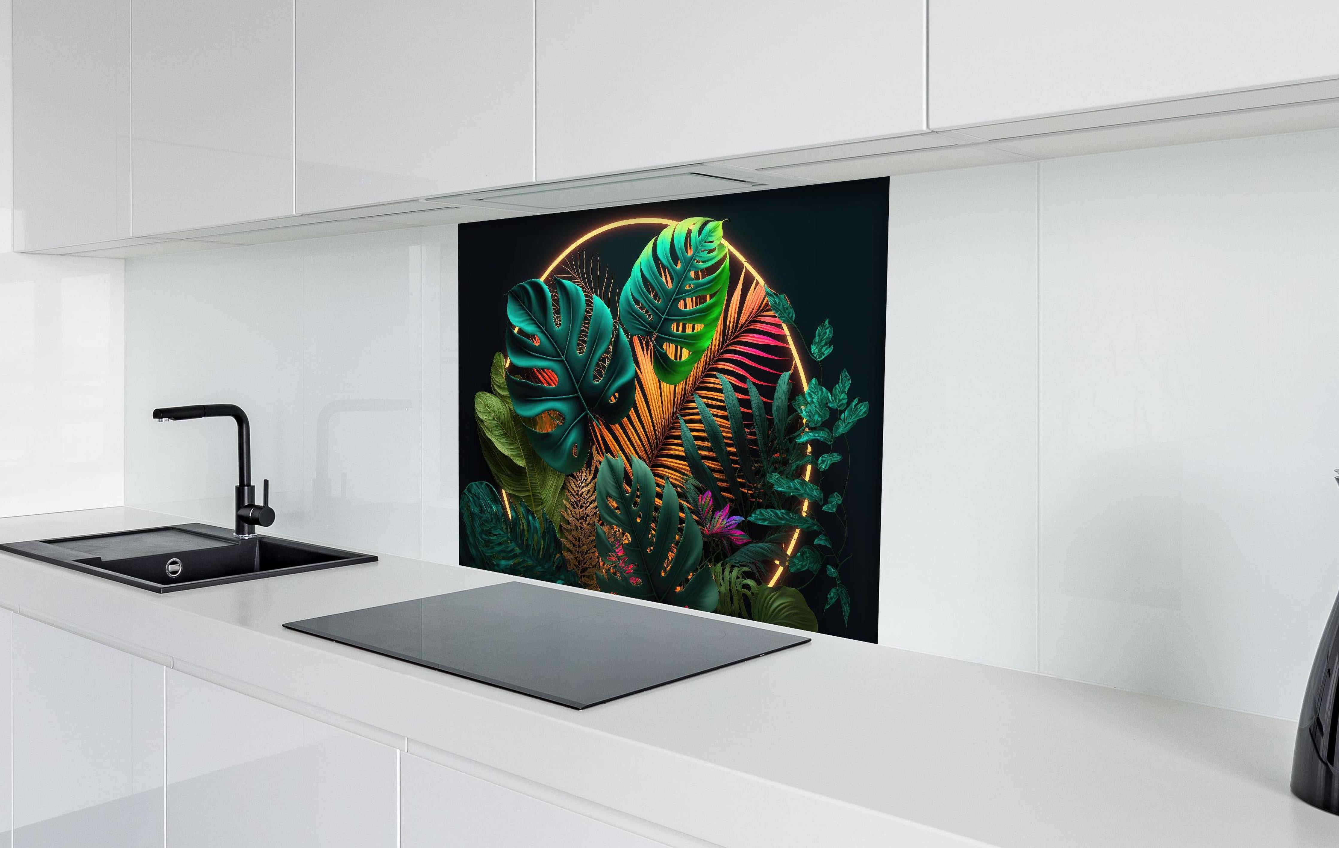 Spritzschutz - Dunkelgrüne tropische Blätter buntes Neonlicht hinter einem Cerankochfeld zwischen Holz-Kochutensilien