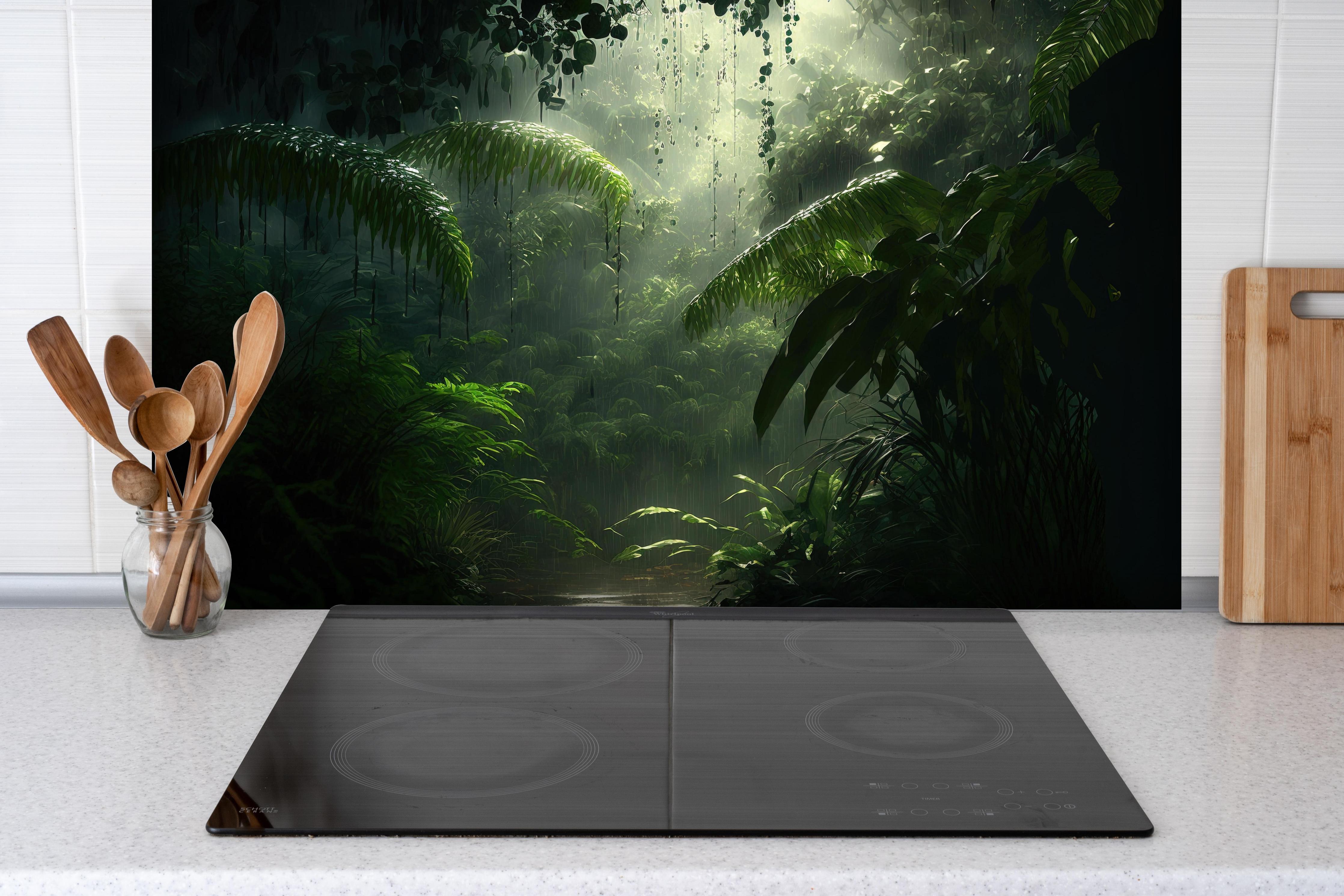 Spritzschutz - Dunkler tropischer Wald im Regen hinter einem Cerankochfeld zwischen Holz-Kochutensilien