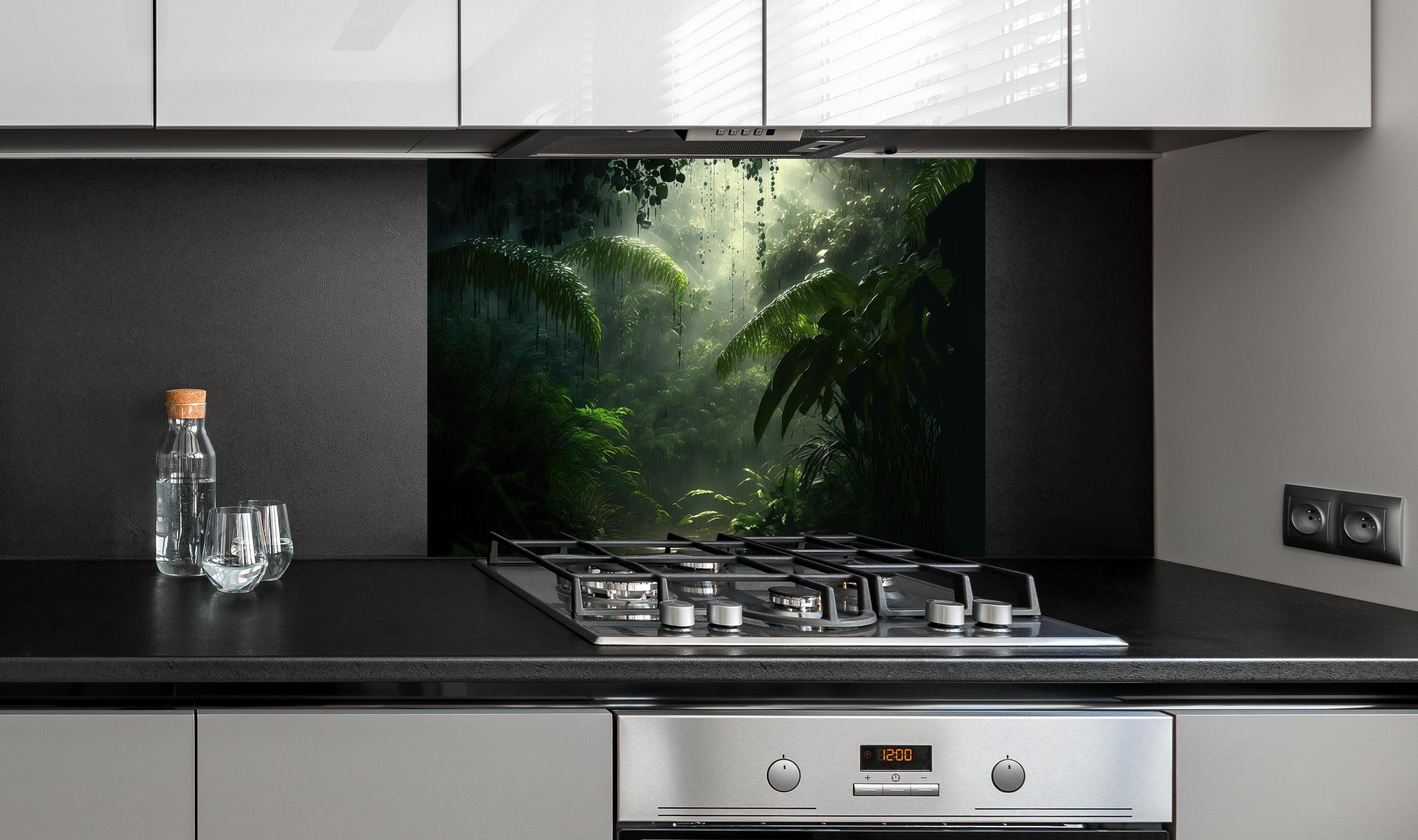 Spritzschutz - Dunkler tropischer Wald im Regen hinter einem Cerankochfeld zwischen Holz-Kochutensilien