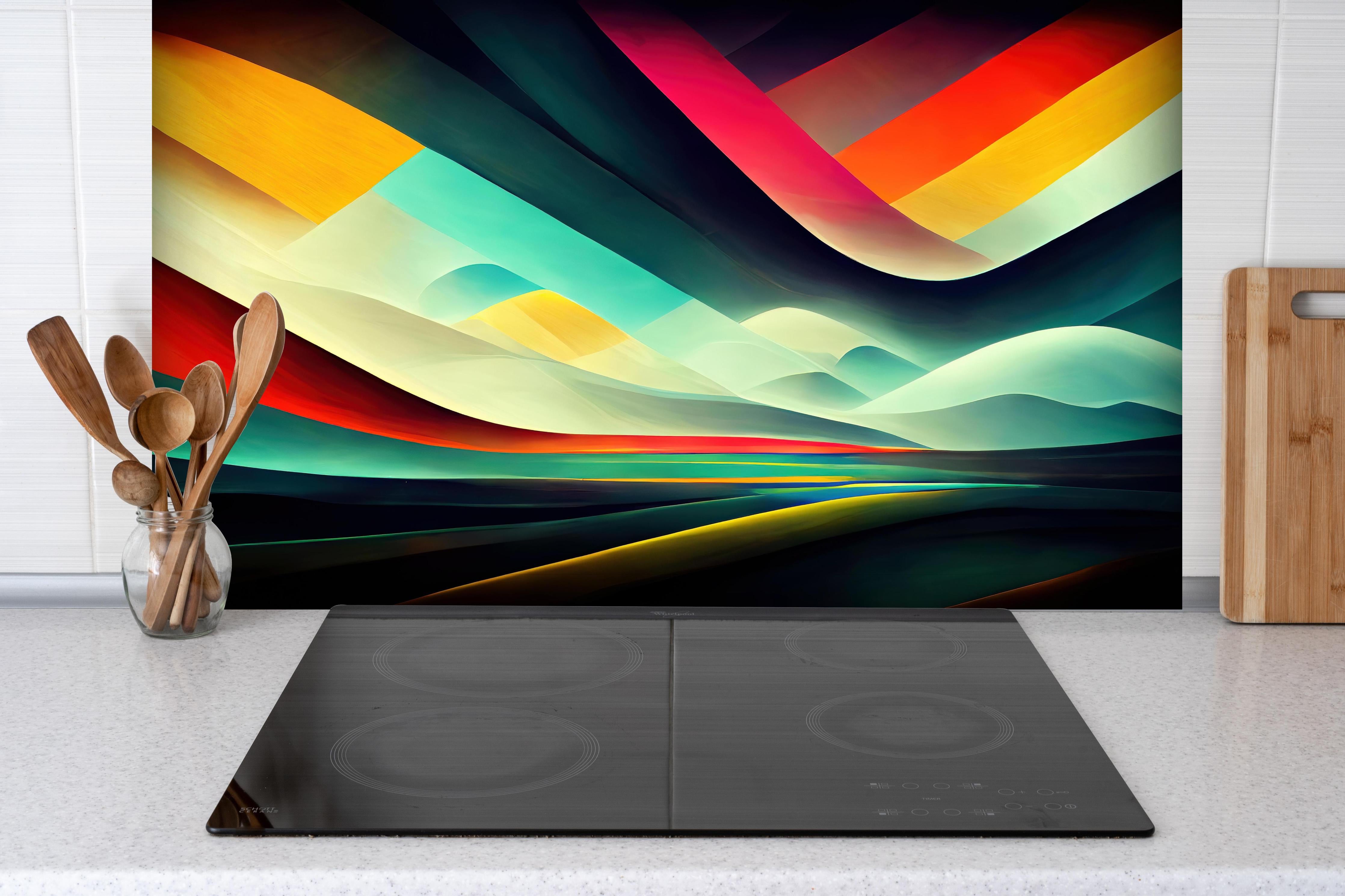 Spritzschutz - Dynamische abstrakte Farblinien Illustration hinter einem Cerankochfeld zwischen Holz-Kochutensilien