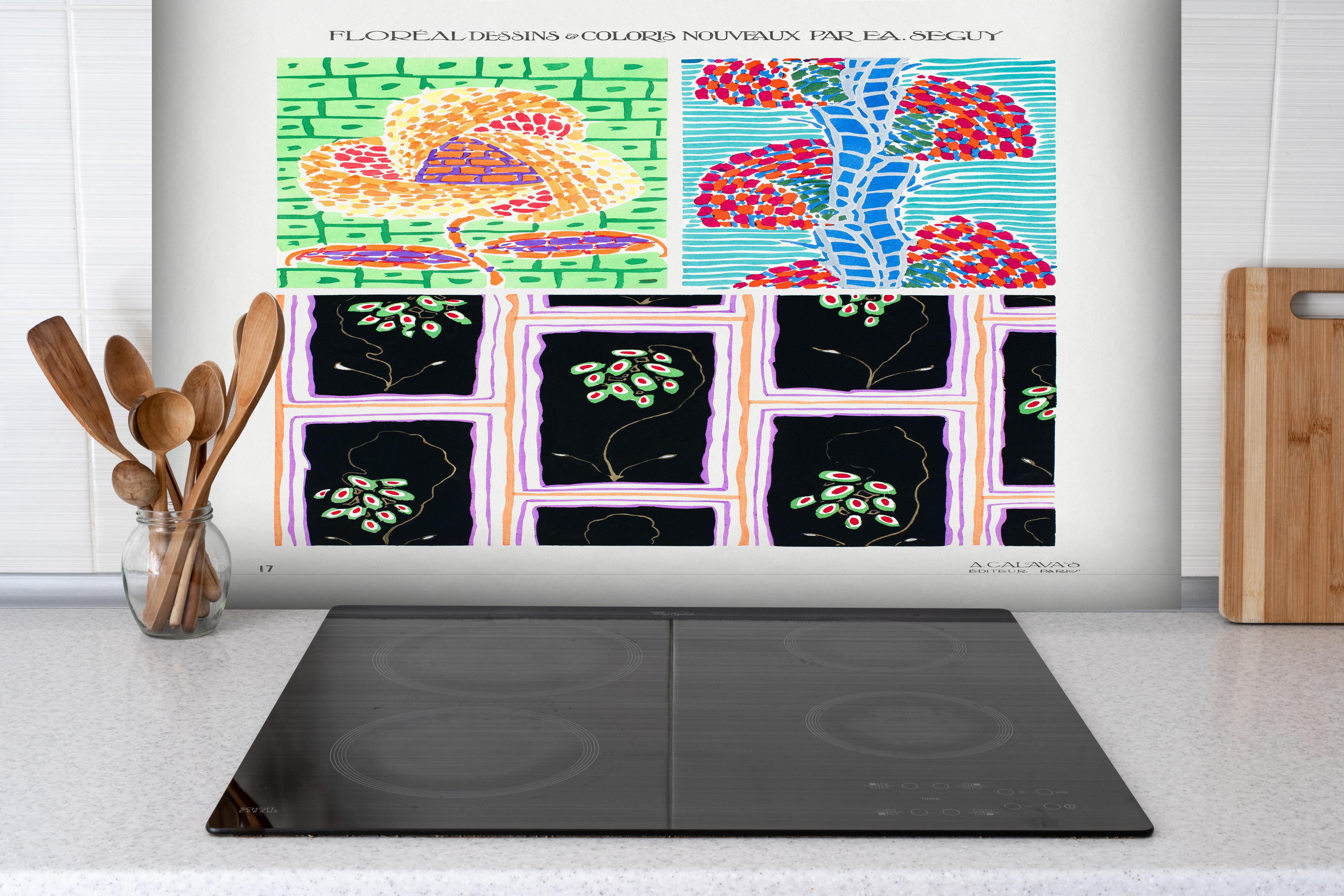 Spritzschutz - EA Seguy Vintage Blumen Kunstwerk hinter einem Cerankochfeld zwischen Holz-Kochutensilien