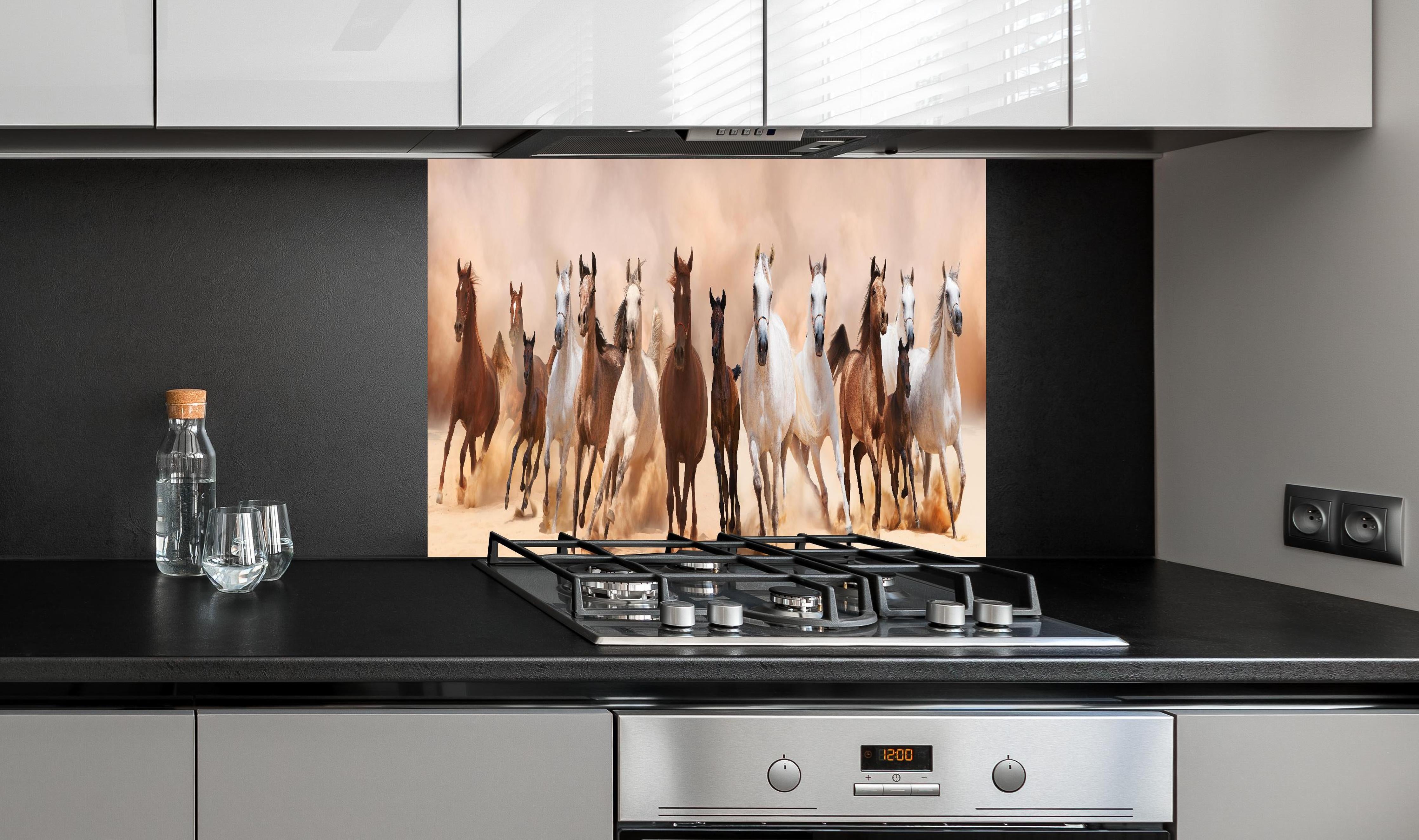 Spritzschutz - Eine Herde von Pferden hinter einem Cerankochfeld zwischen Holz-Kochutensilien