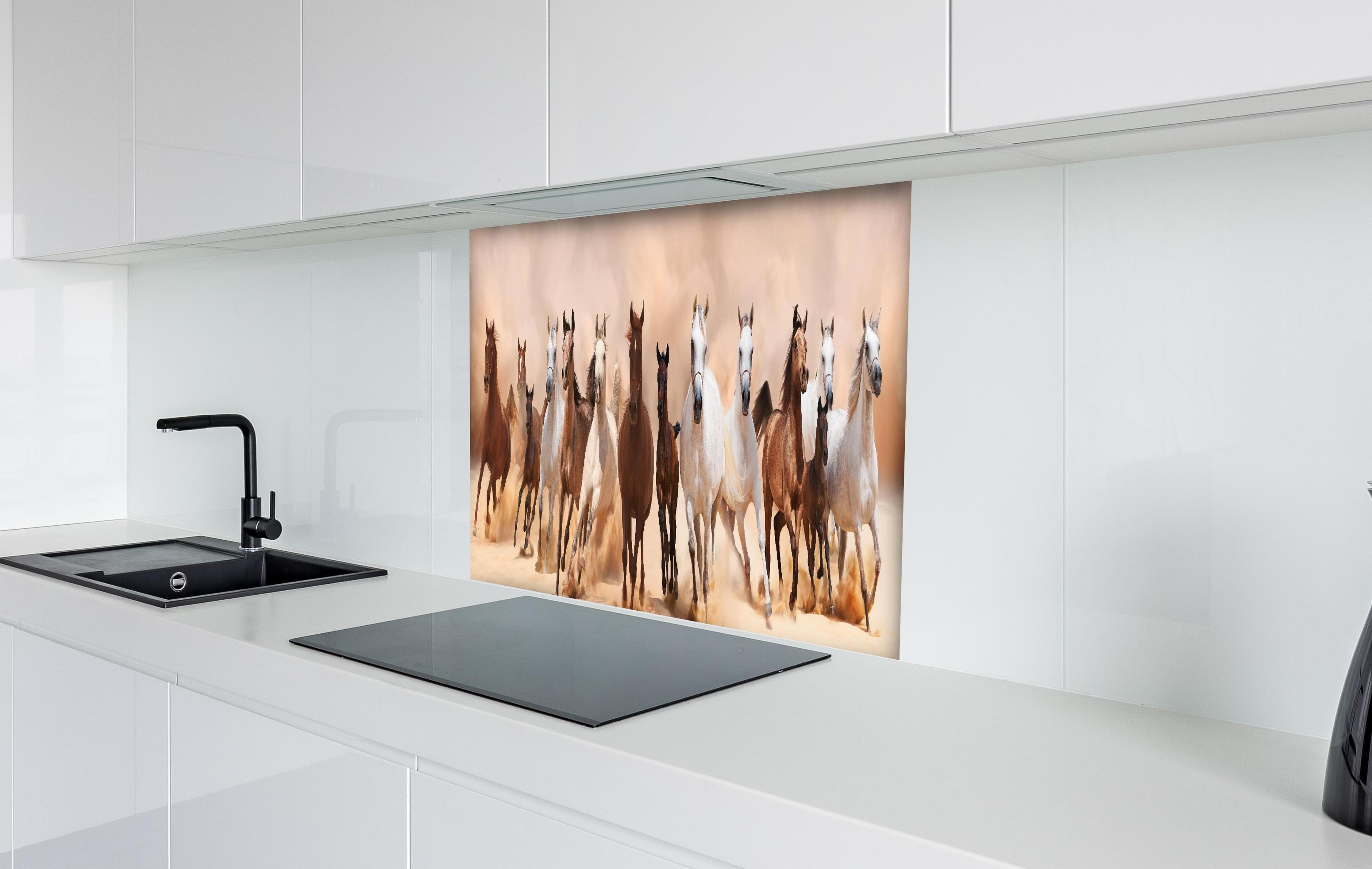 Spritzschutz - Eine Herde von Pferden hinter einem Cerankochfeld zwischen Holz-Kochutensilien