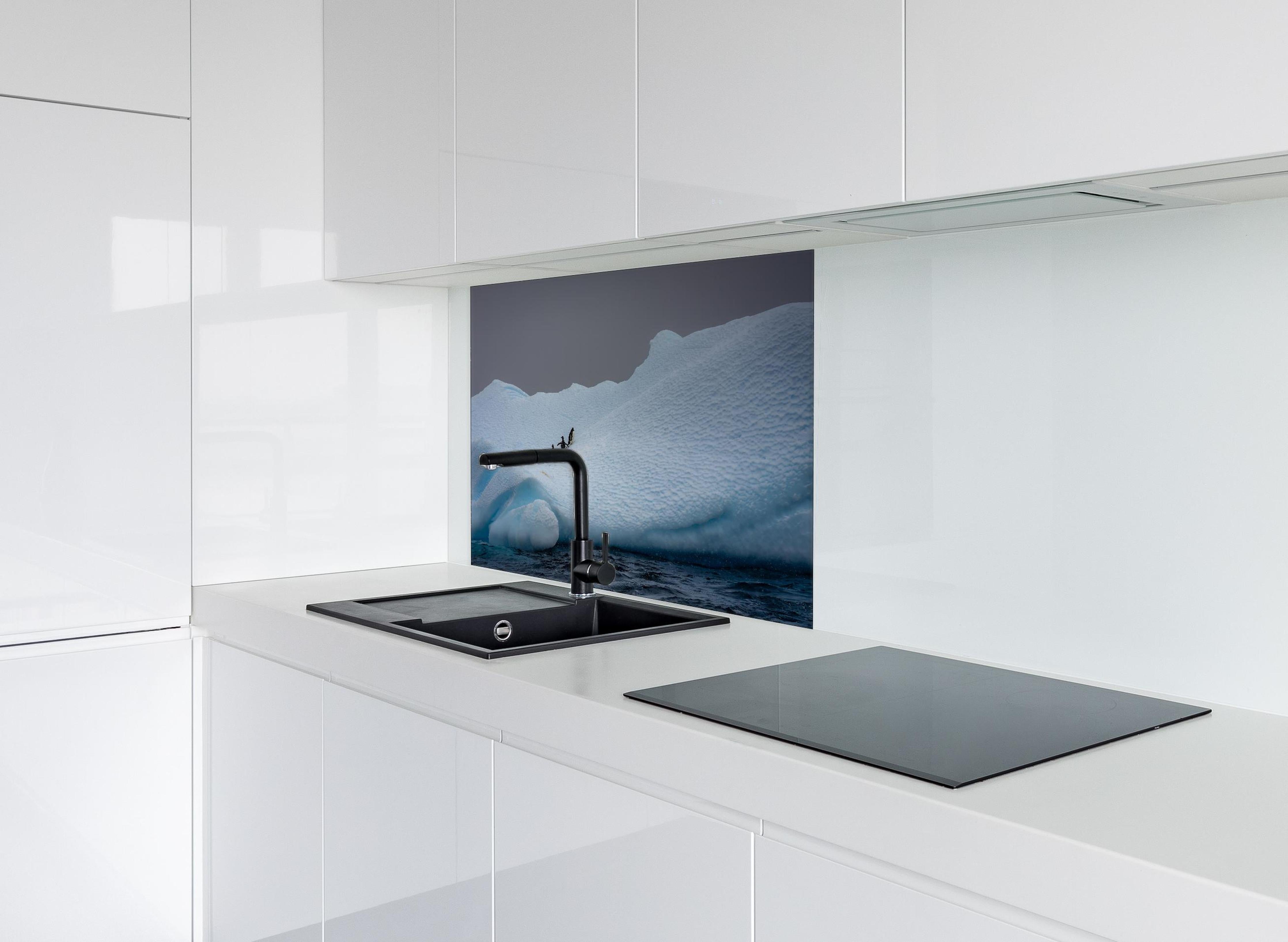 Spritzschutz - Eisige Region - Südpol hinter einem Cerankochfeld zwischen Holz-Kochutensilien