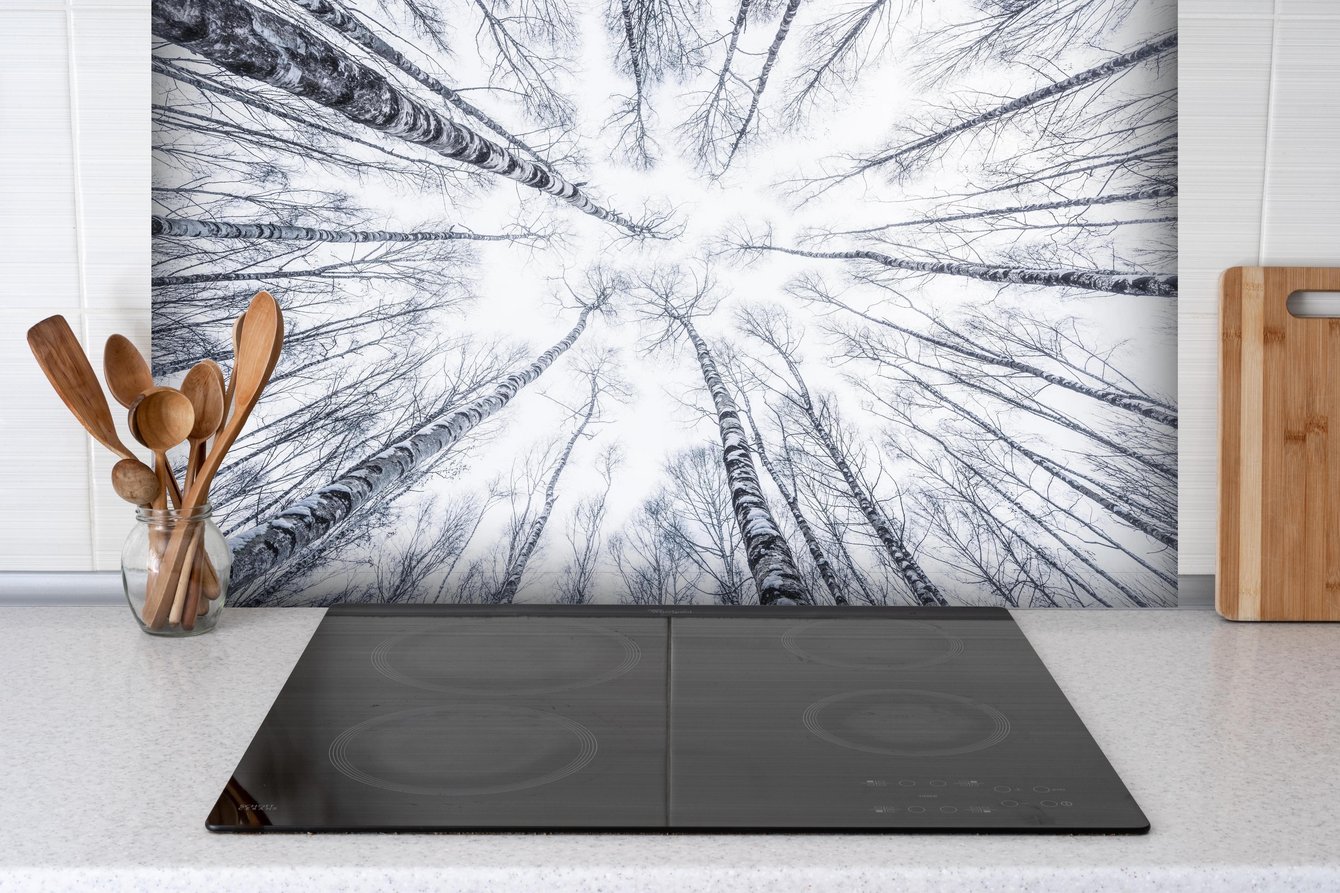 Spritzschutz - Eisiger Wald im Winter hinter einem Cerankochfeld zwischen Holz-Kochutensilien