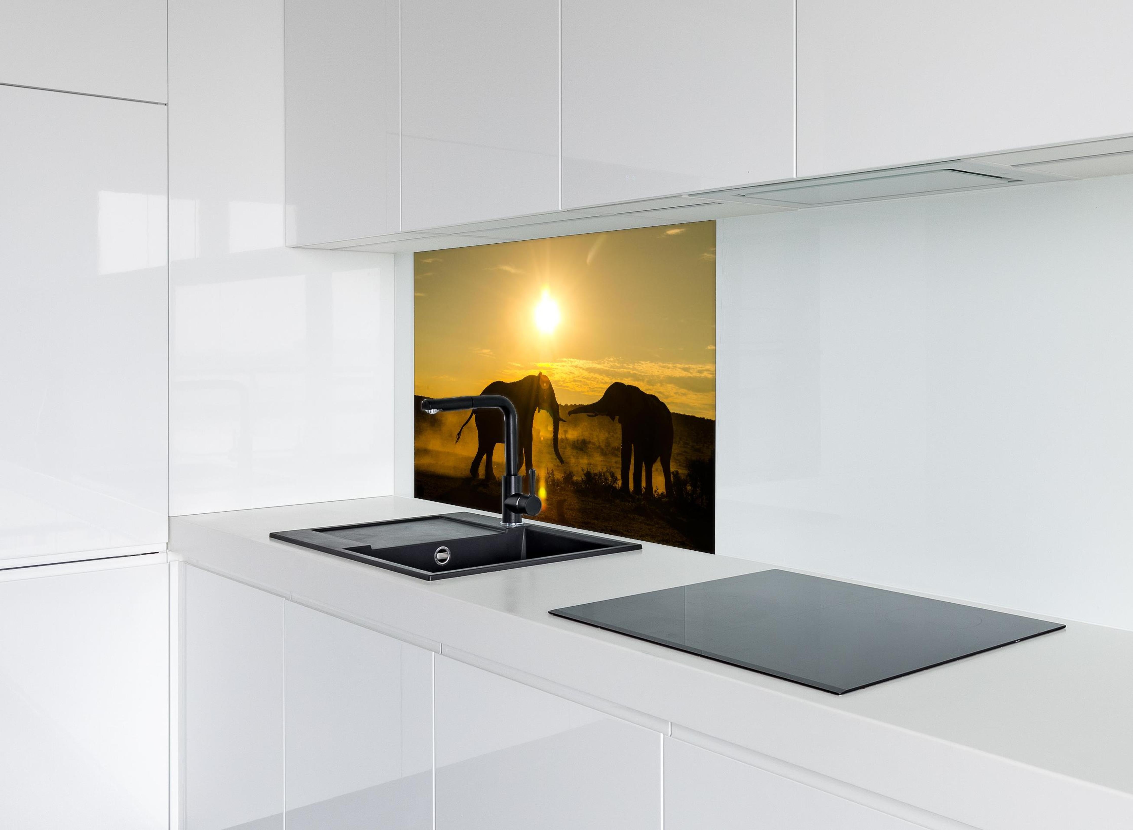 Spritzschutz - Elefanten bei Sonnenuntergang hinter einem Cerankochfeld zwischen Holz-Kochutensilien