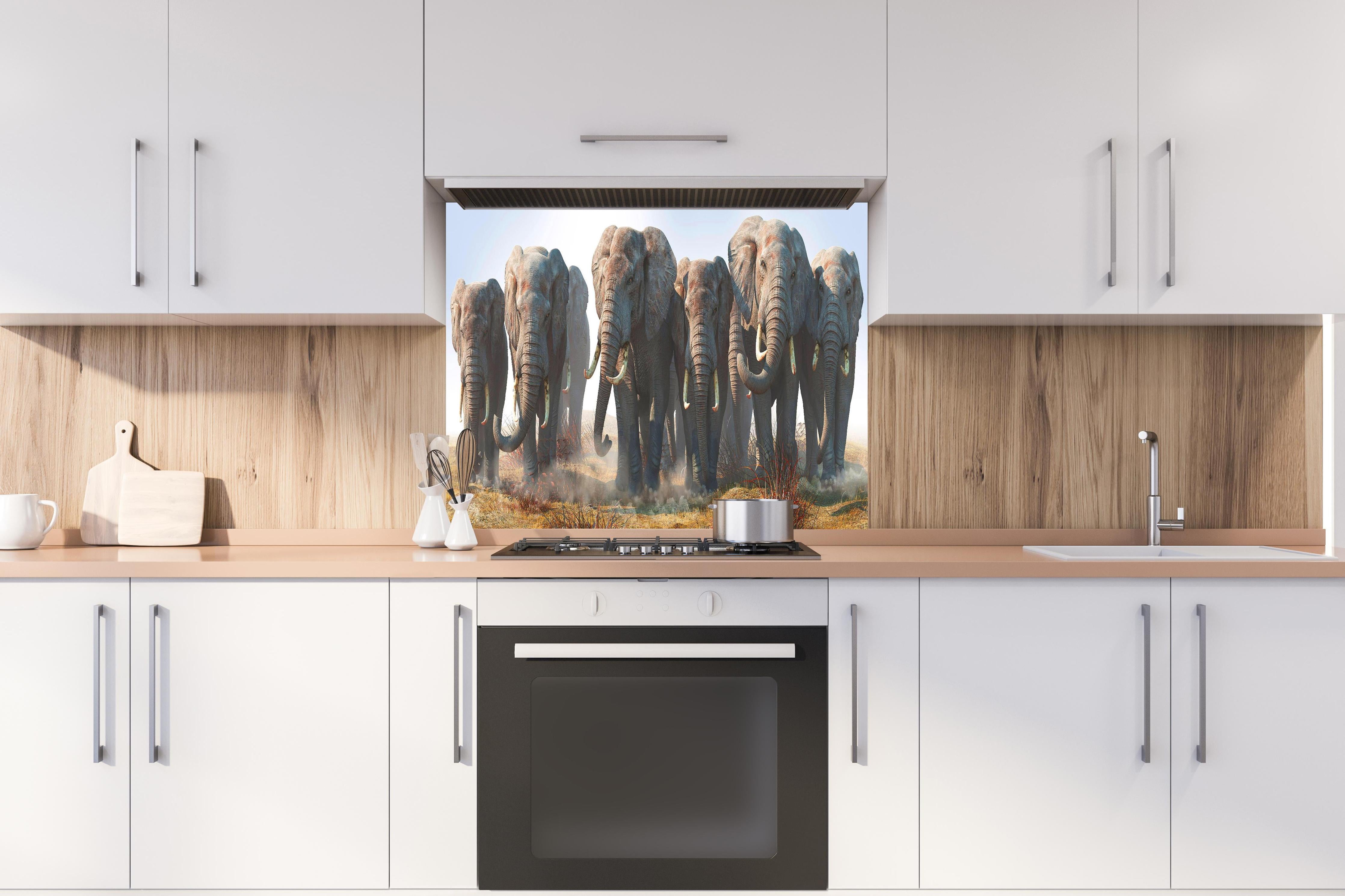 Spritzschutz - Elefantenherde in der Wüste hinter einem Cerankochfeld zwischen Holz-Kochutensilien