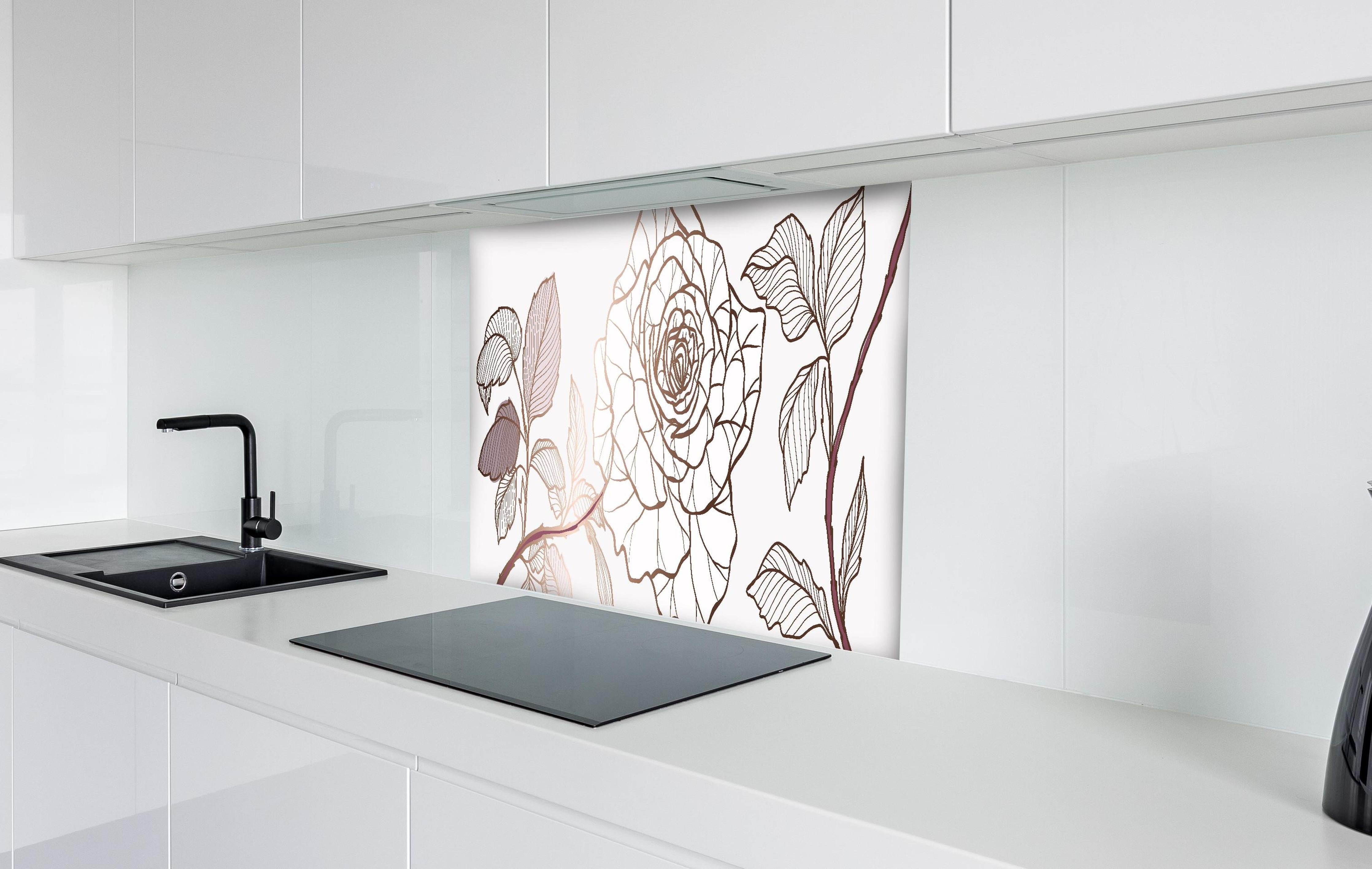 Spritzschutz - Elegante Linienzeichnung einer Rose hinter einem Cerankochfeld zwischen Holz-Kochutensilien