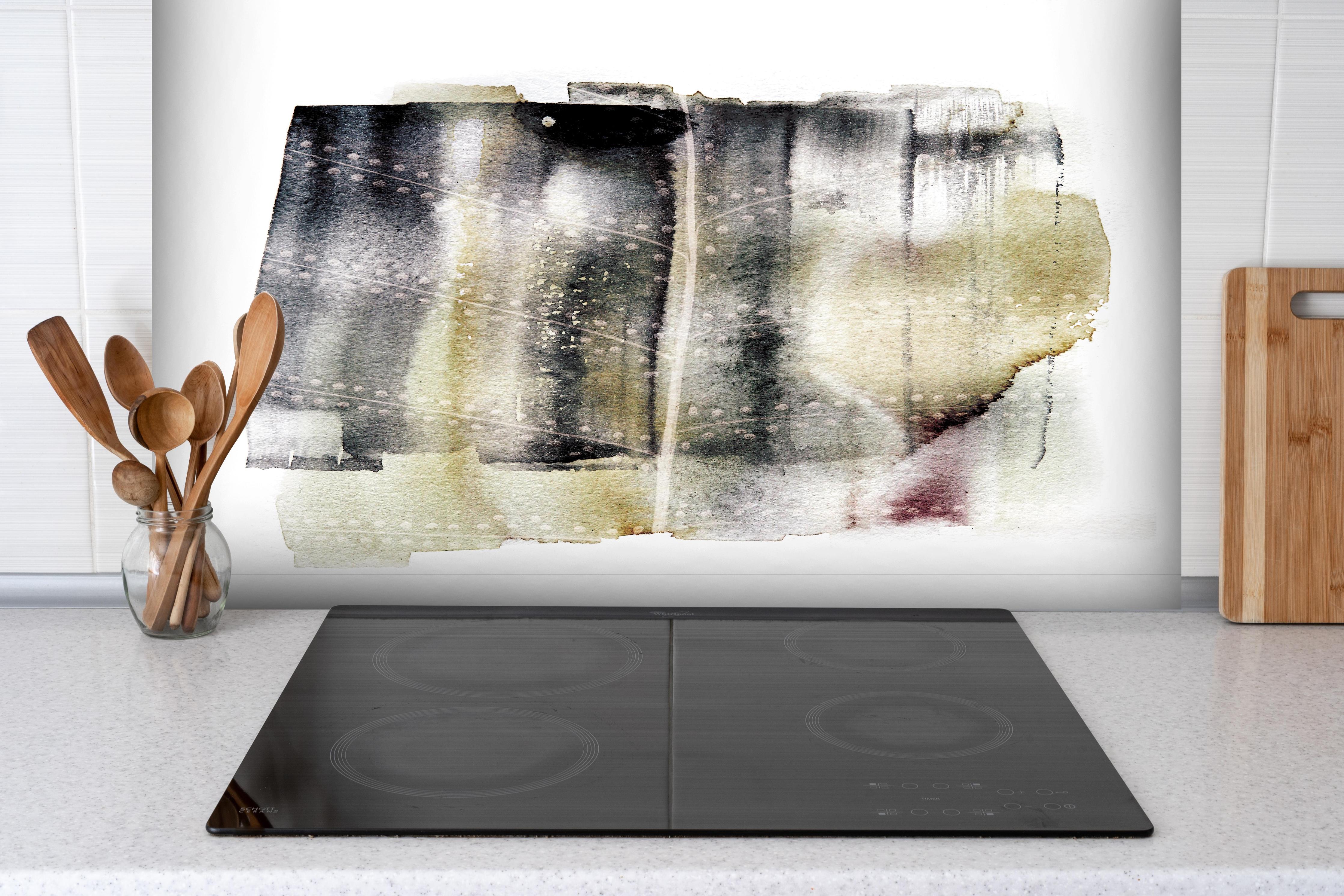 Spritzschutz - Elegante Weiß-Graue Abstrakte Kunststruktur hinter einem Cerankochfeld zwischen Holz-Kochutensilien