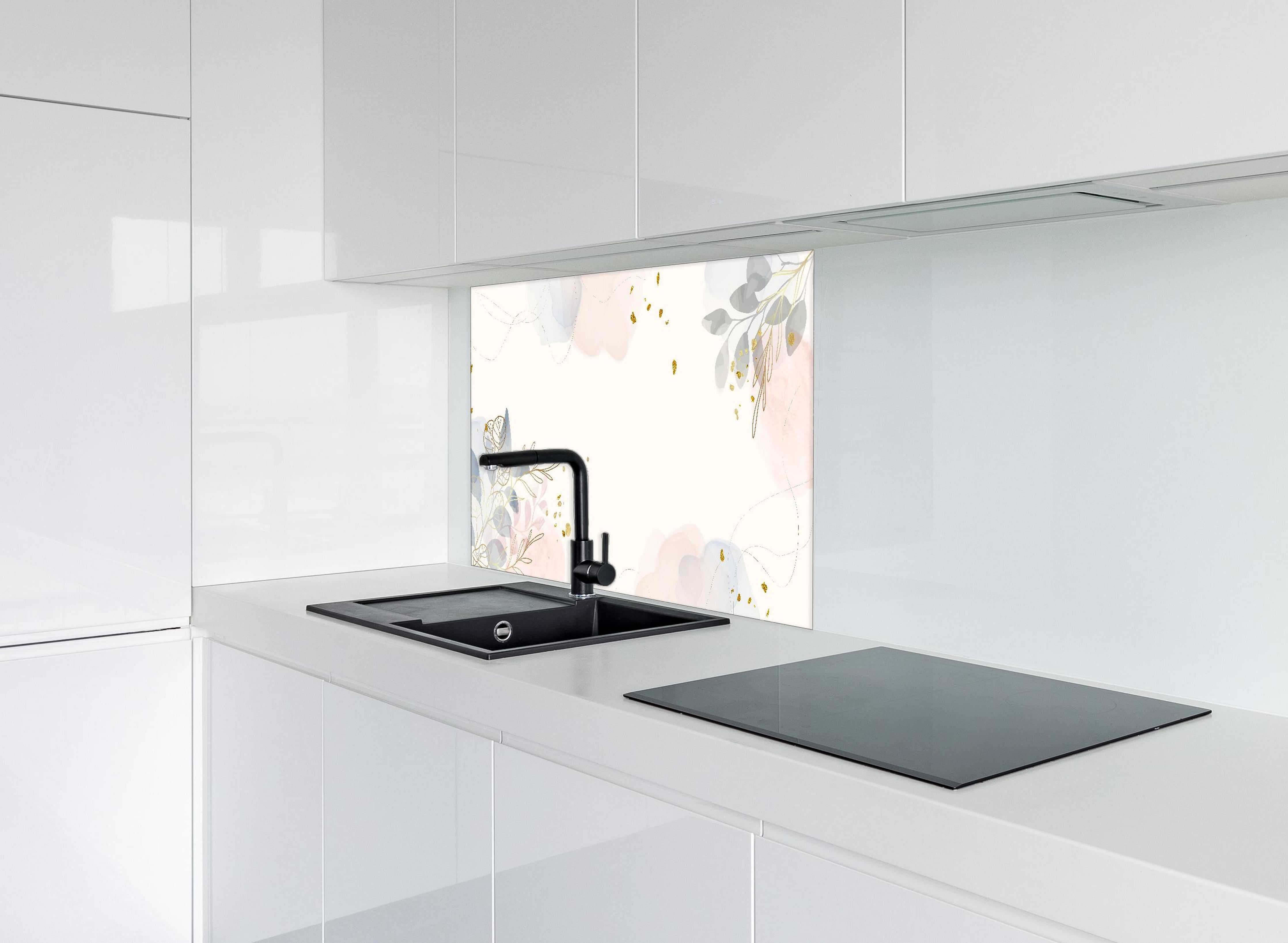 Spritzschutz - Elegantes Blumen Aquarell Hintergrunddesign hinter einem Cerankochfeld zwischen Holz-Kochutensilien