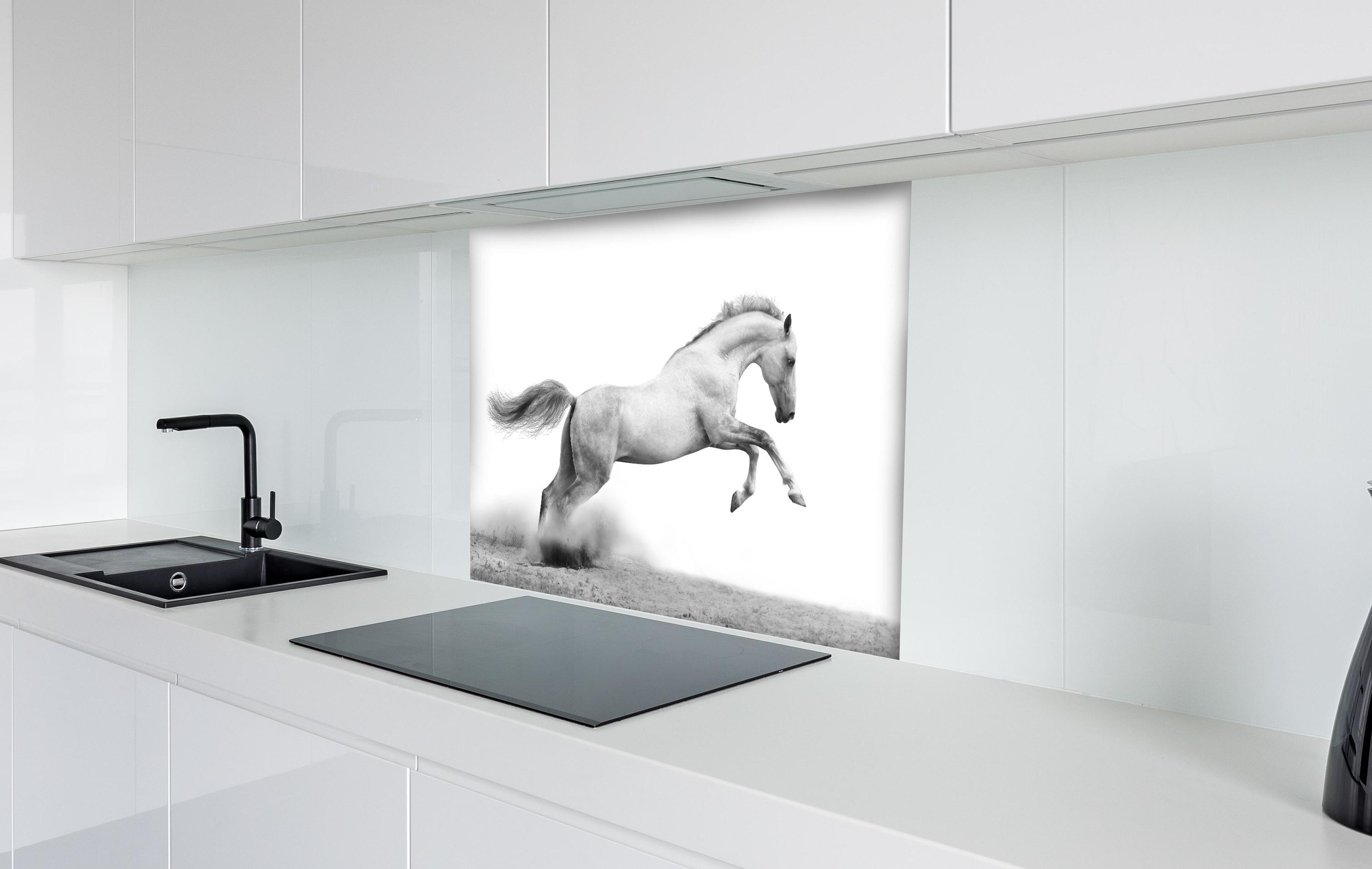 Spritzschutz - Elegantes silberweißes Pferd in Bewegung hinter einem Cerankochfeld zwischen Holz-Kochutensilien