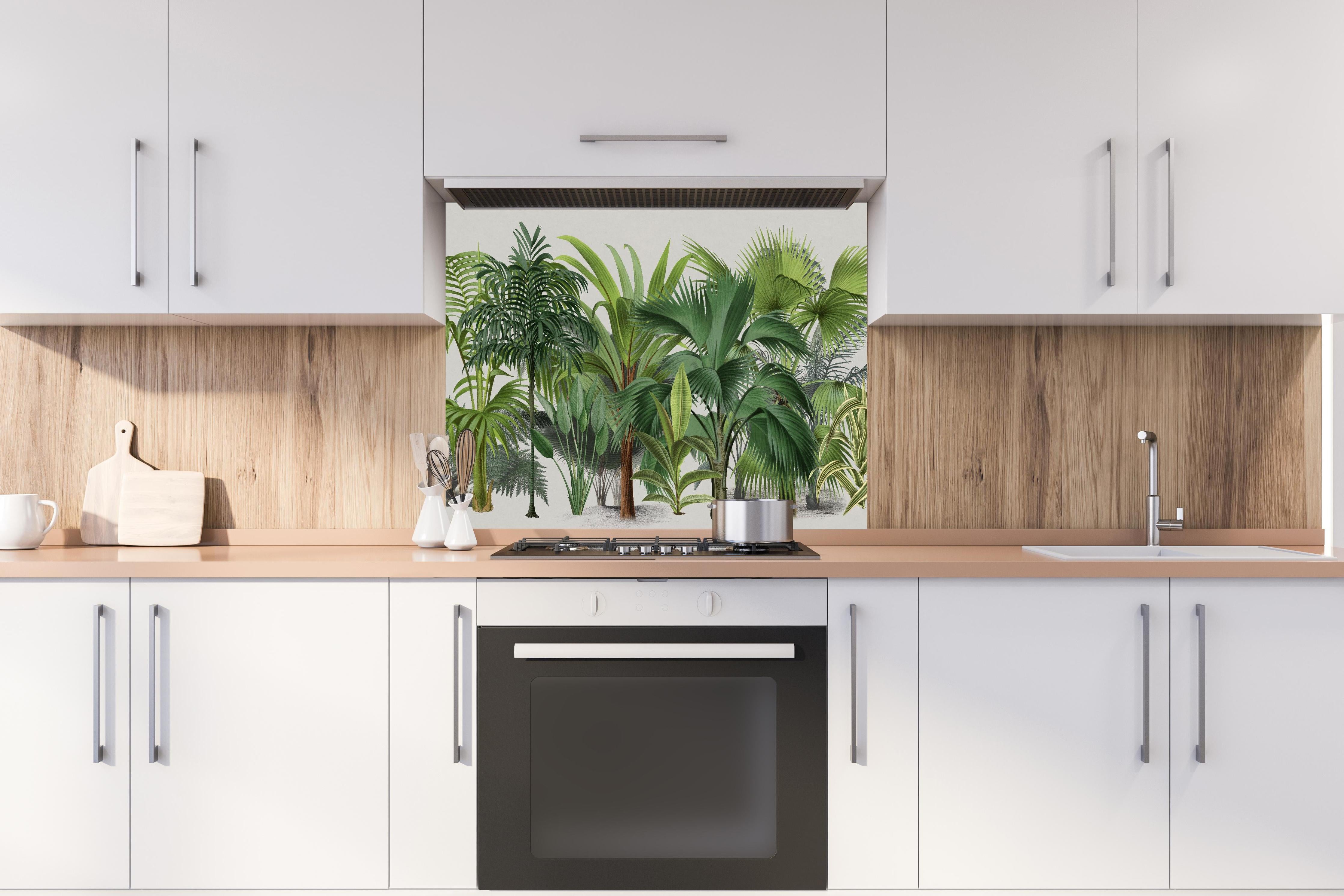 Spritzschutz - Exotische Bäume hinter einem Cerankochfeld zwischen Holz-Kochutensilien