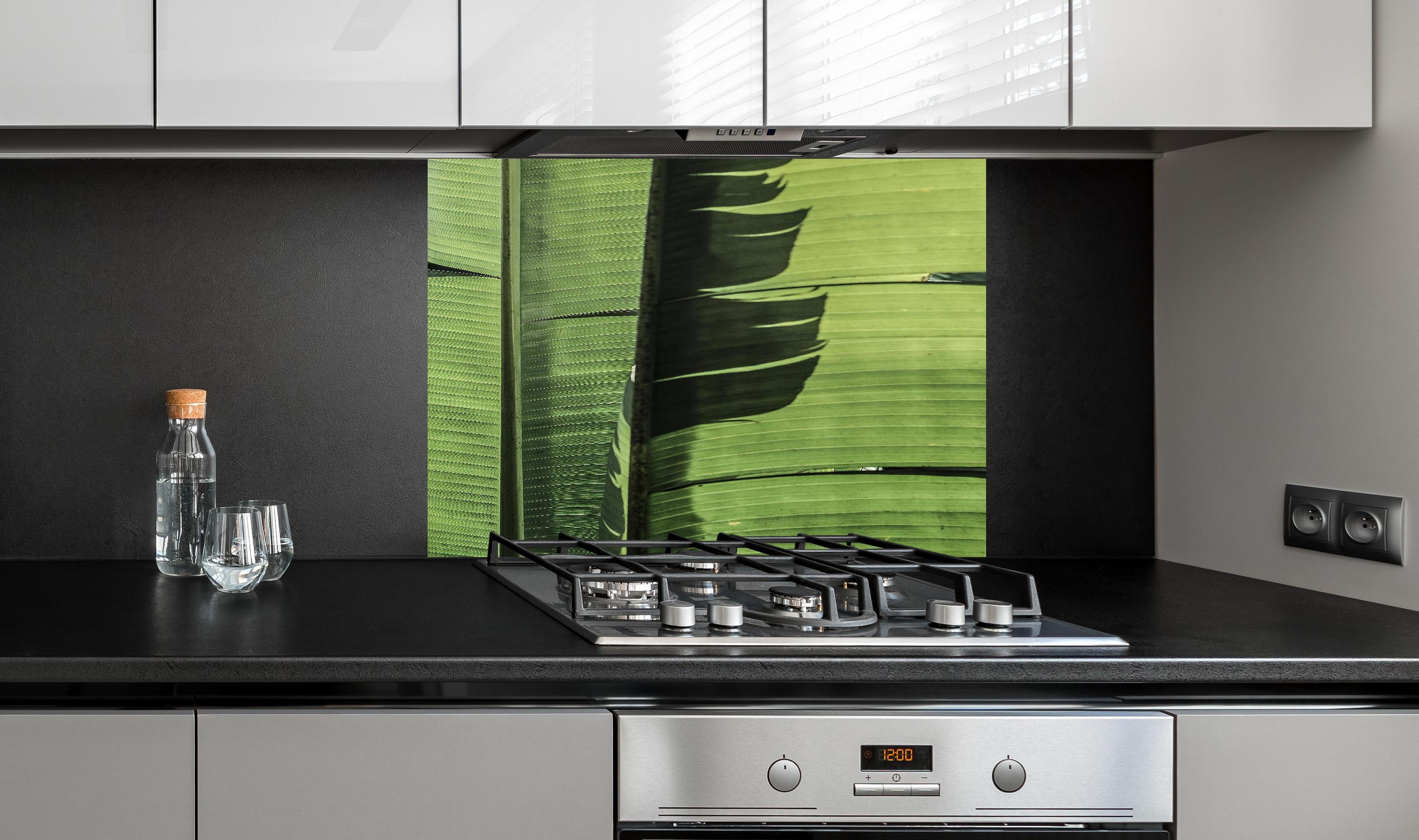 Spritzschutz - Exotisches grünes Palmenblatt-Design hinter einem Cerankochfeld zwischen Holz-Kochutensilien