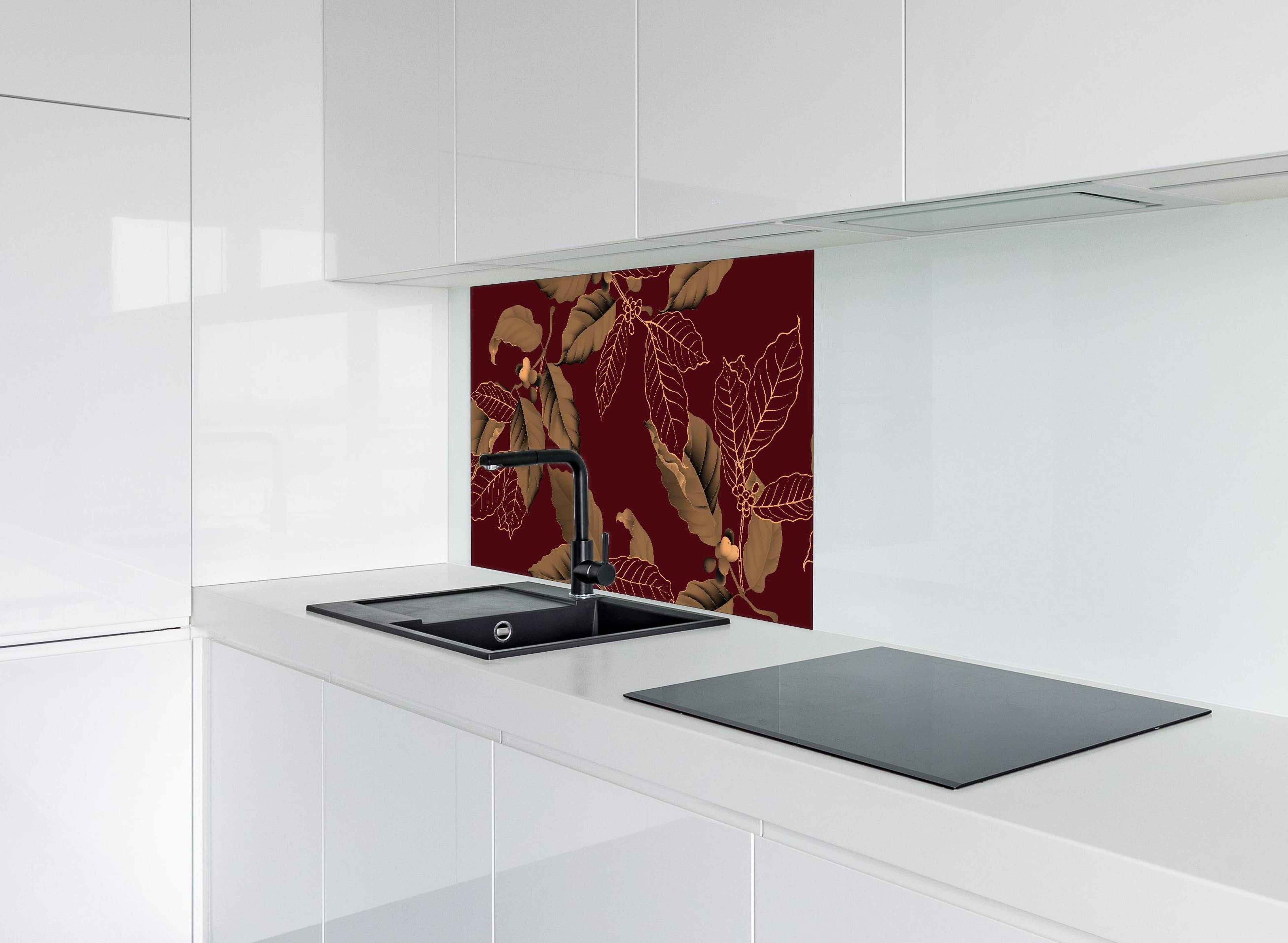 Spritzschutz - Exquisites Herbstlaub Rot und Gold Design hinter einem Cerankochfeld zwischen Holz-Kochutensilien