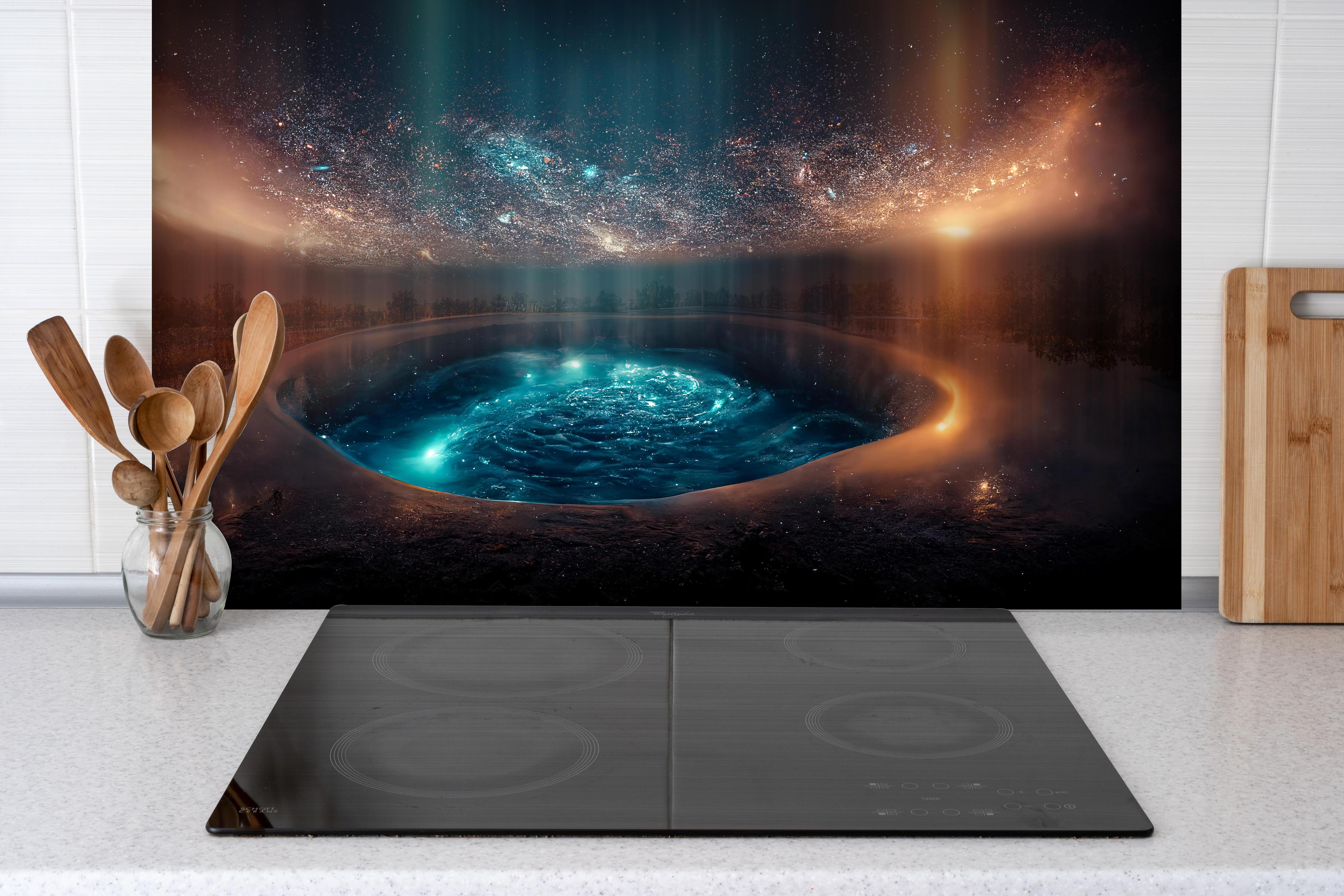 Spritzschutz - Fantasielandschaft - Nächtlicher Blick hinter einem Cerankochfeld zwischen Holz-Kochutensilien