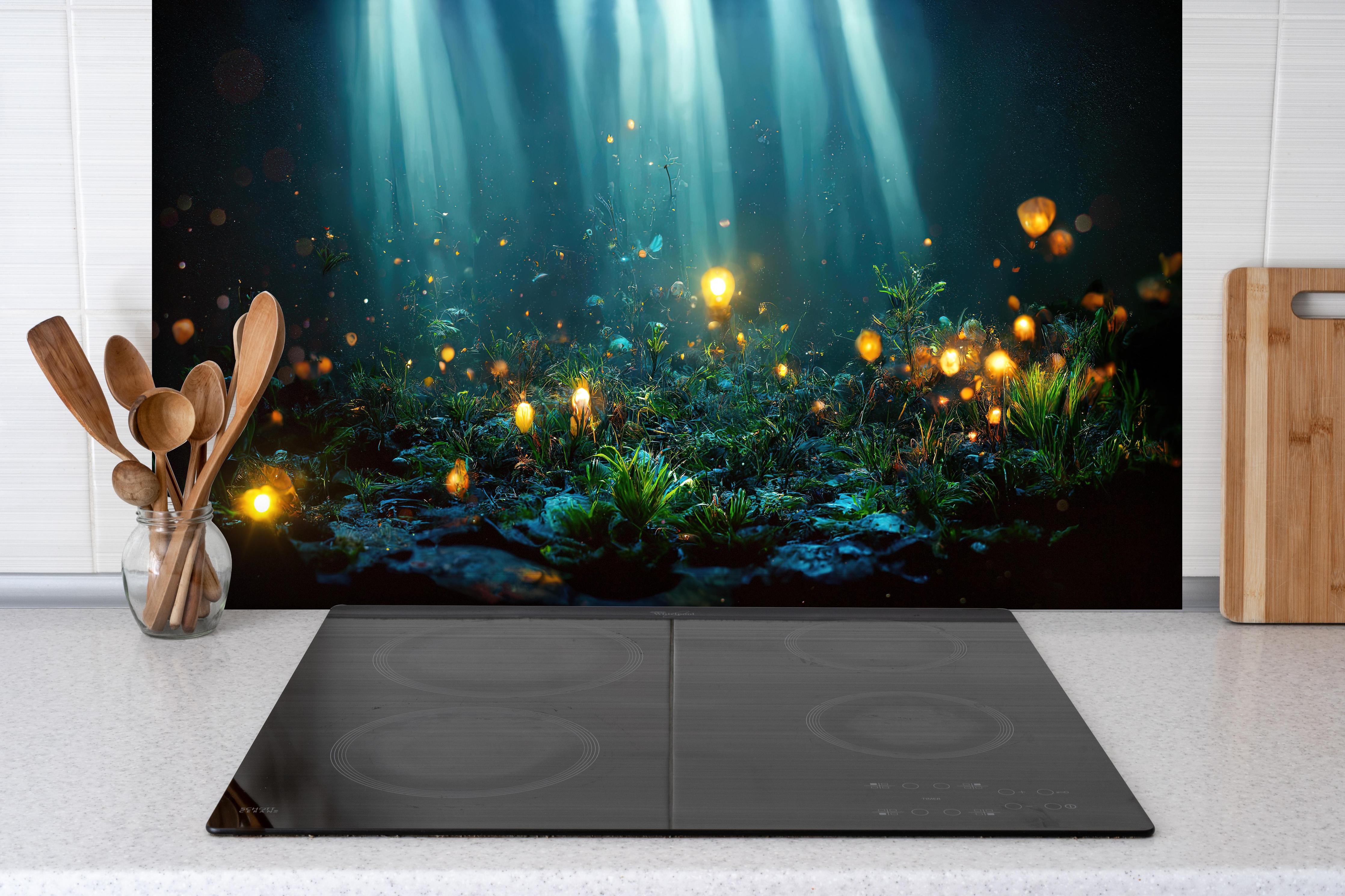 Spritzschutz - Fantasievolle Unterwasserwelt mit Leuchtpflanzen hinter einem Cerankochfeld zwischen Holz-Kochutensilien