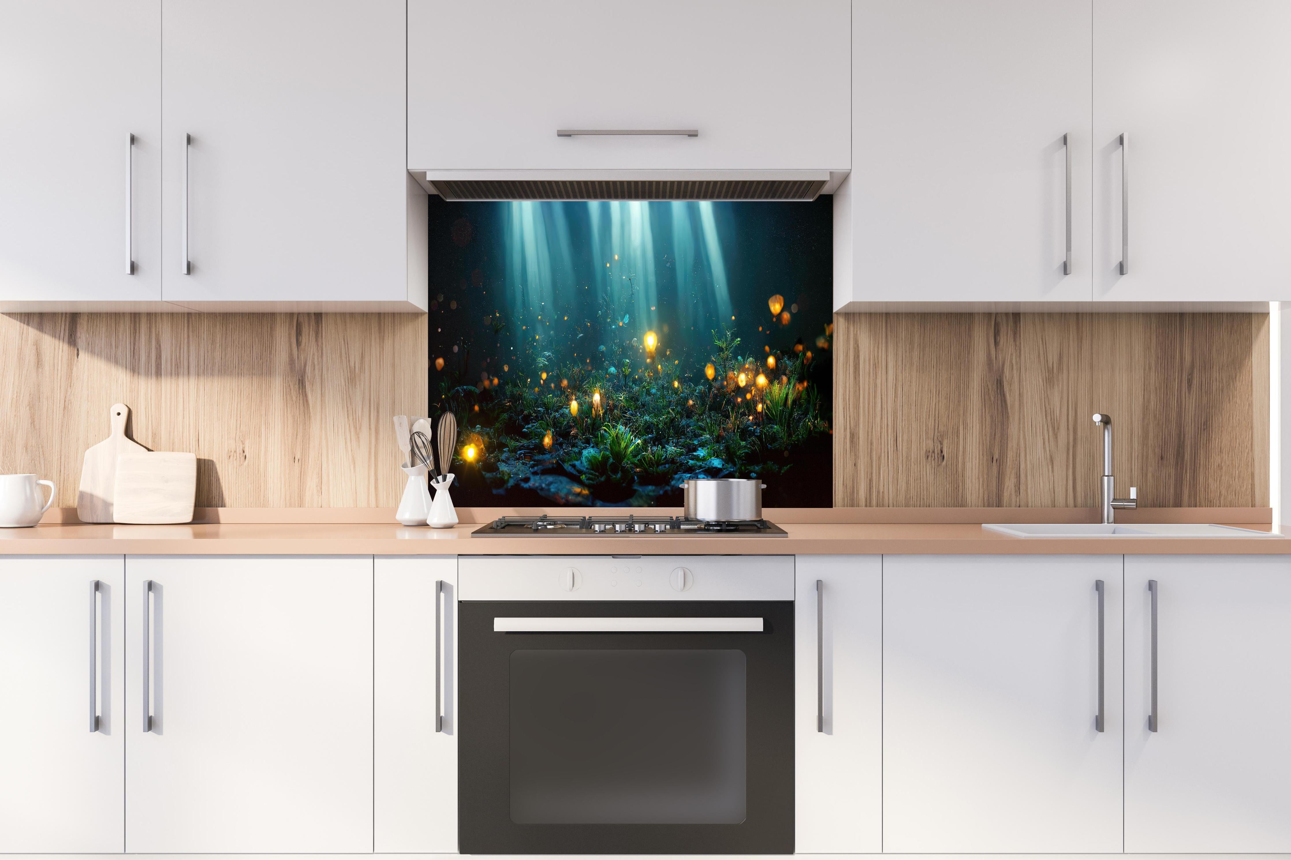 Spritzschutz - Fantasievolle Unterwasserwelt mit Leuchtpflanzen hinter einem Cerankochfeld zwischen Holz-Kochutensilien