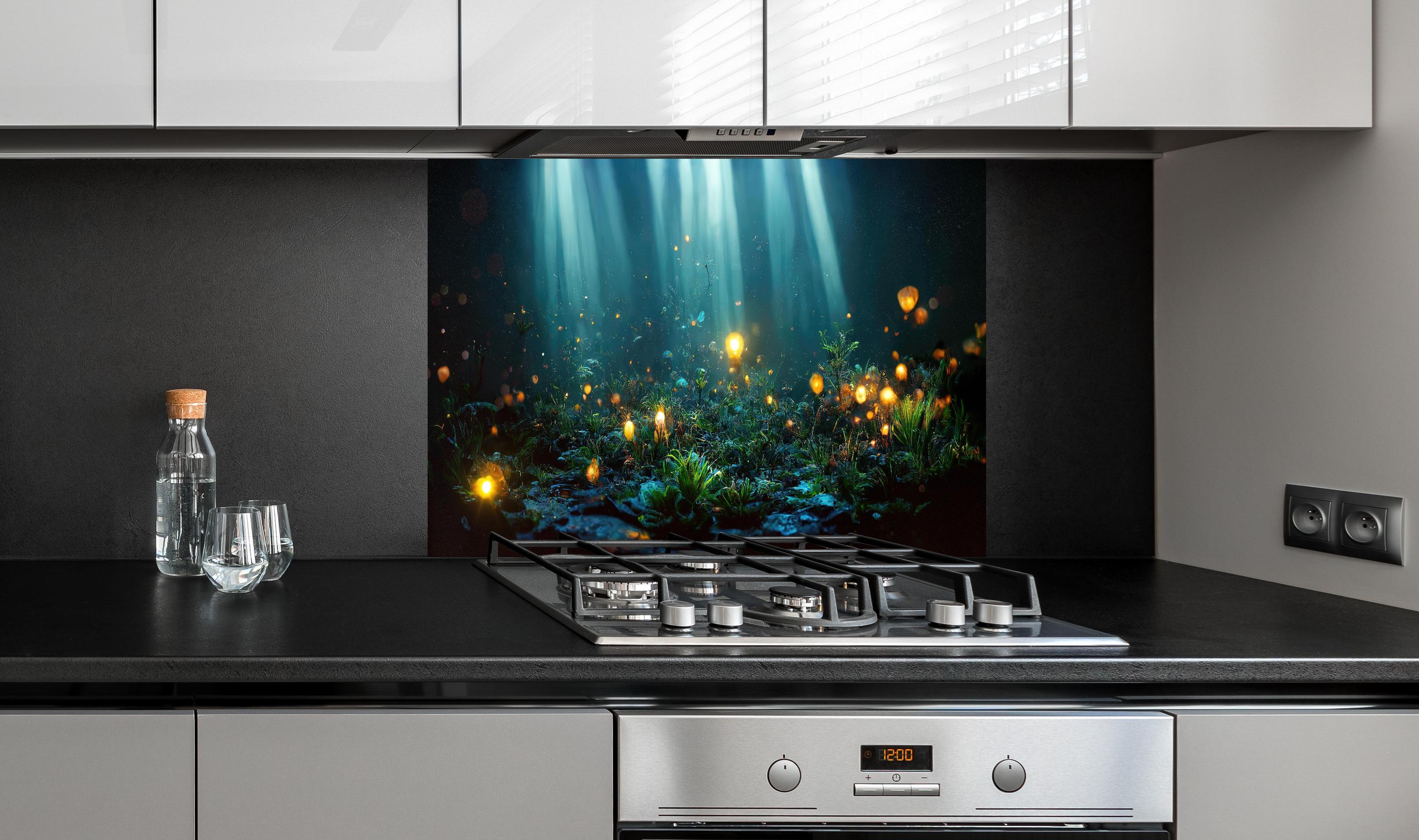 Spritzschutz - Fantasievolle Unterwasserwelt mit Leuchtpflanzen hinter einem Cerankochfeld zwischen Holz-Kochutensilien