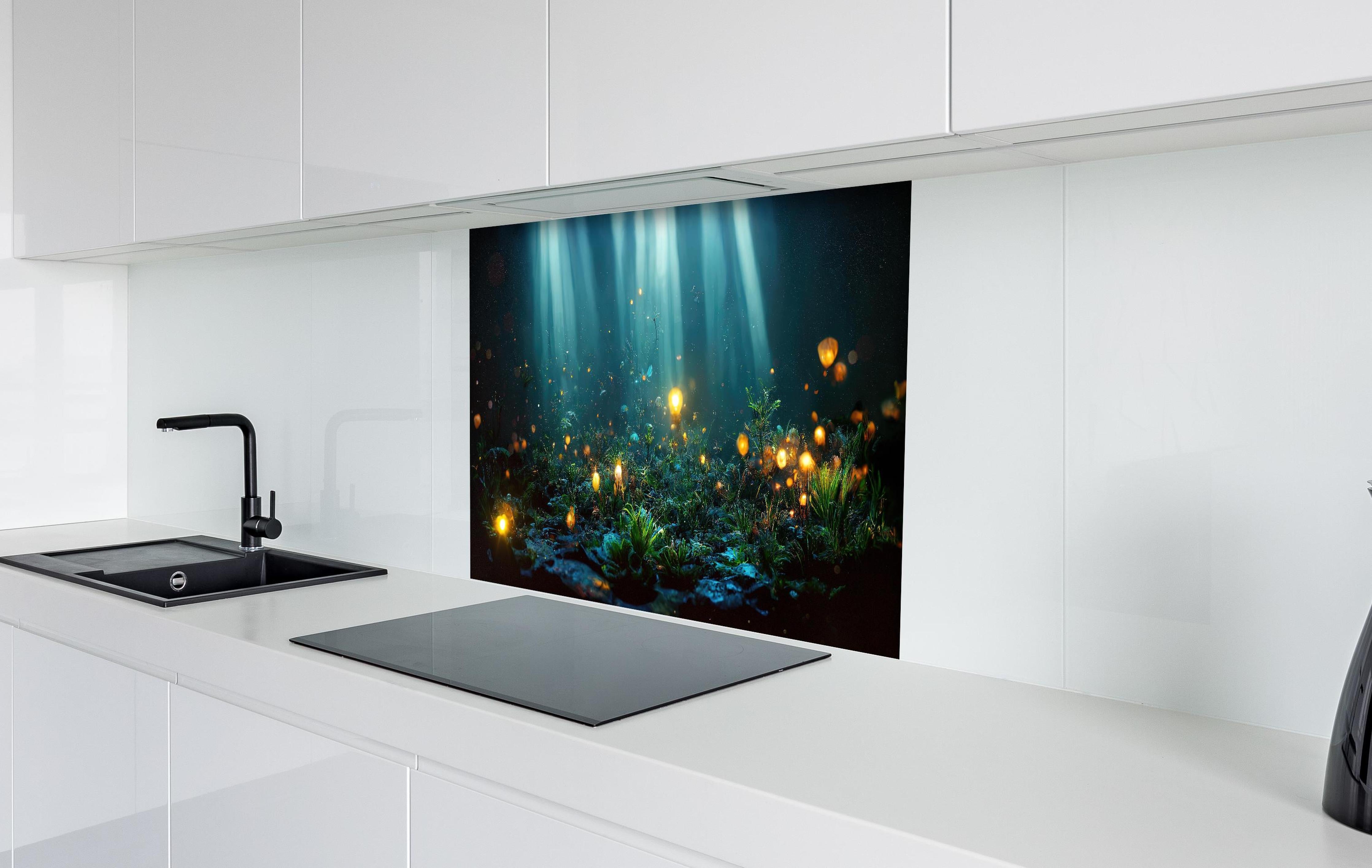 Spritzschutz - Fantasievolle Unterwasserwelt mit Leuchtpflanzen hinter einem Cerankochfeld zwischen Holz-Kochutensilien