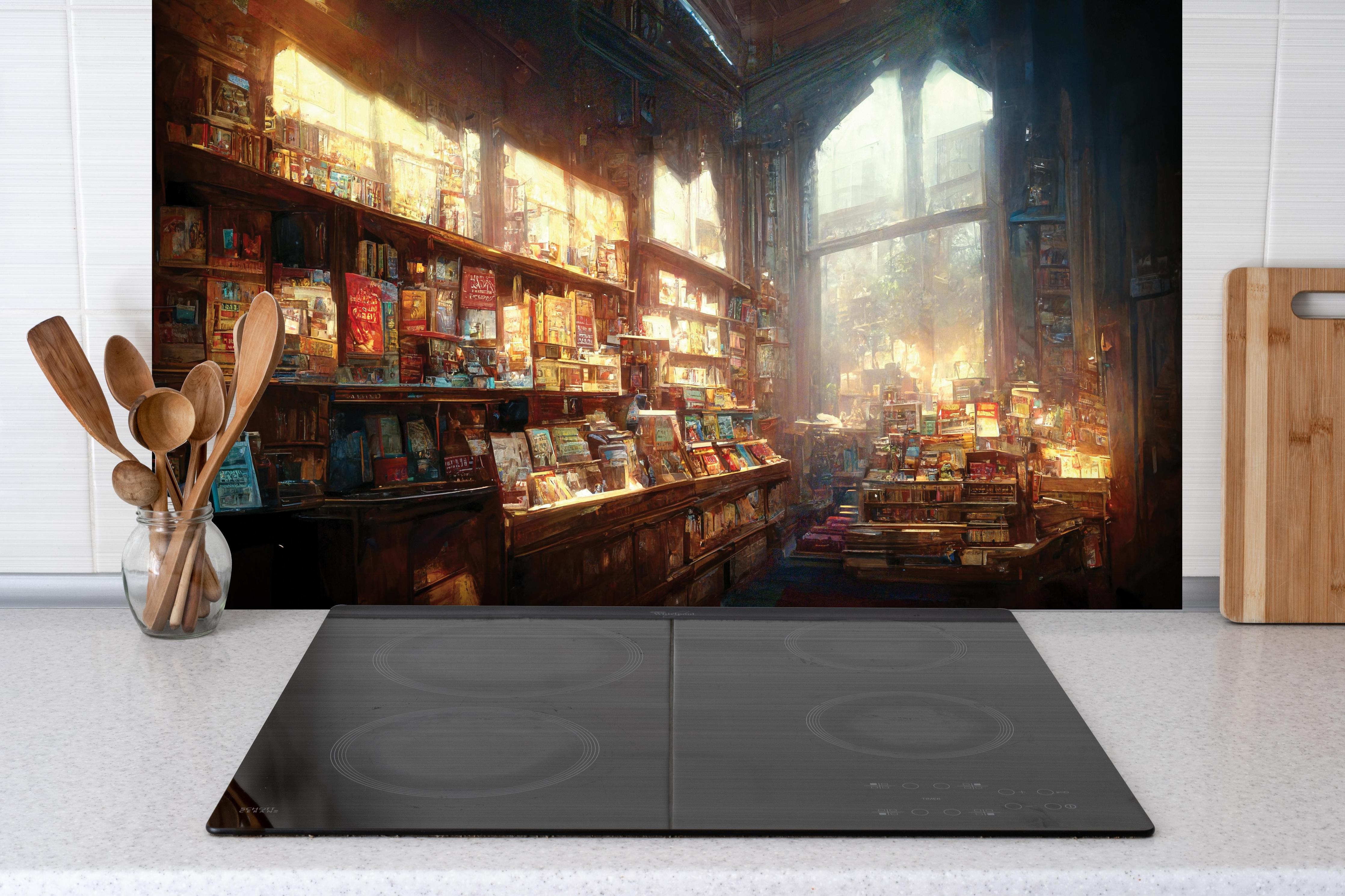 Spritzschutz - Fantasy-Buchhandlung hinter einem Cerankochfeld zwischen Holz-Kochutensilien